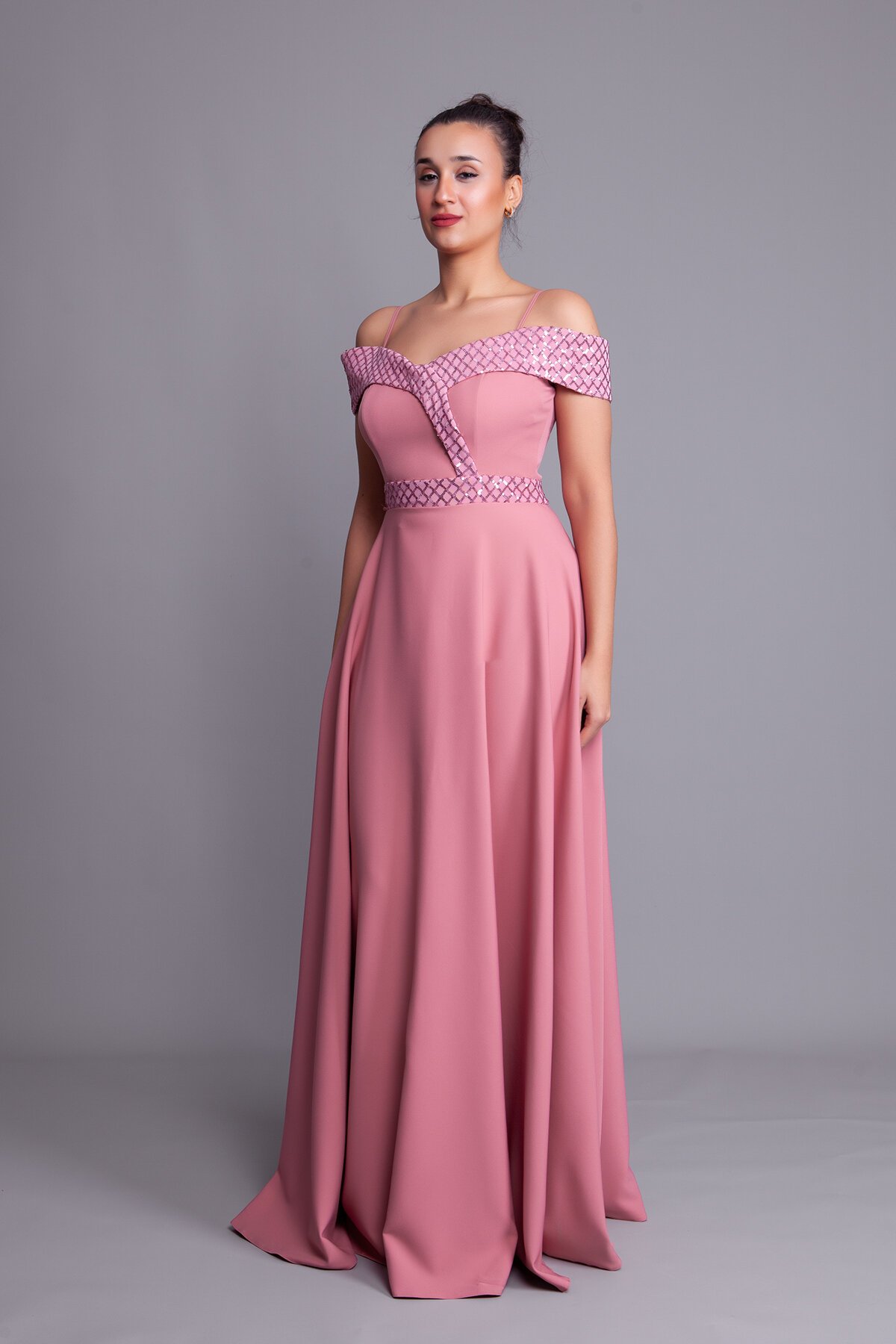 Long Flared Plaid Strappy Off-Shoulder Sequin Evening Dress - Dusty Rose - Bidoluelbise