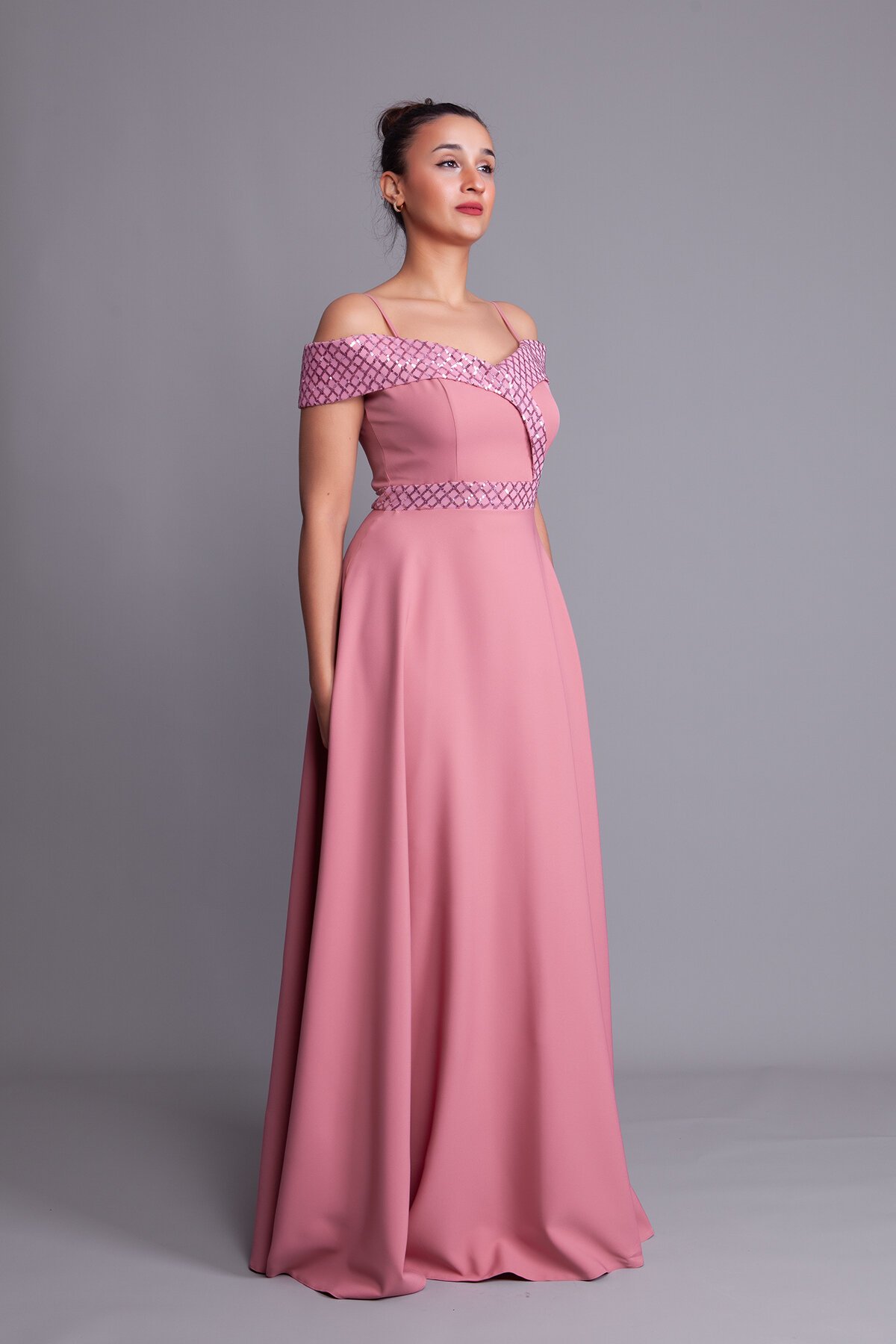 Long Flared Plaid Strappy Off-Shoulder Sequin Evening Dress - Dusty Rose - Bidoluelbise