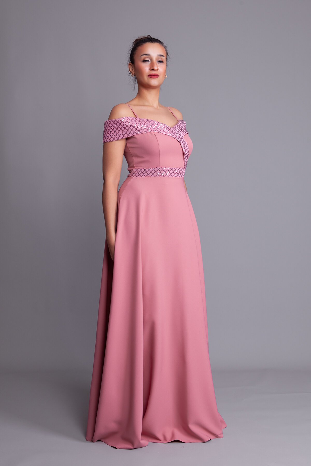 Long Flared Plaid Strappy Off-Shoulder Sequin Evening Dress - Dusty Rose - Bidoluelbise