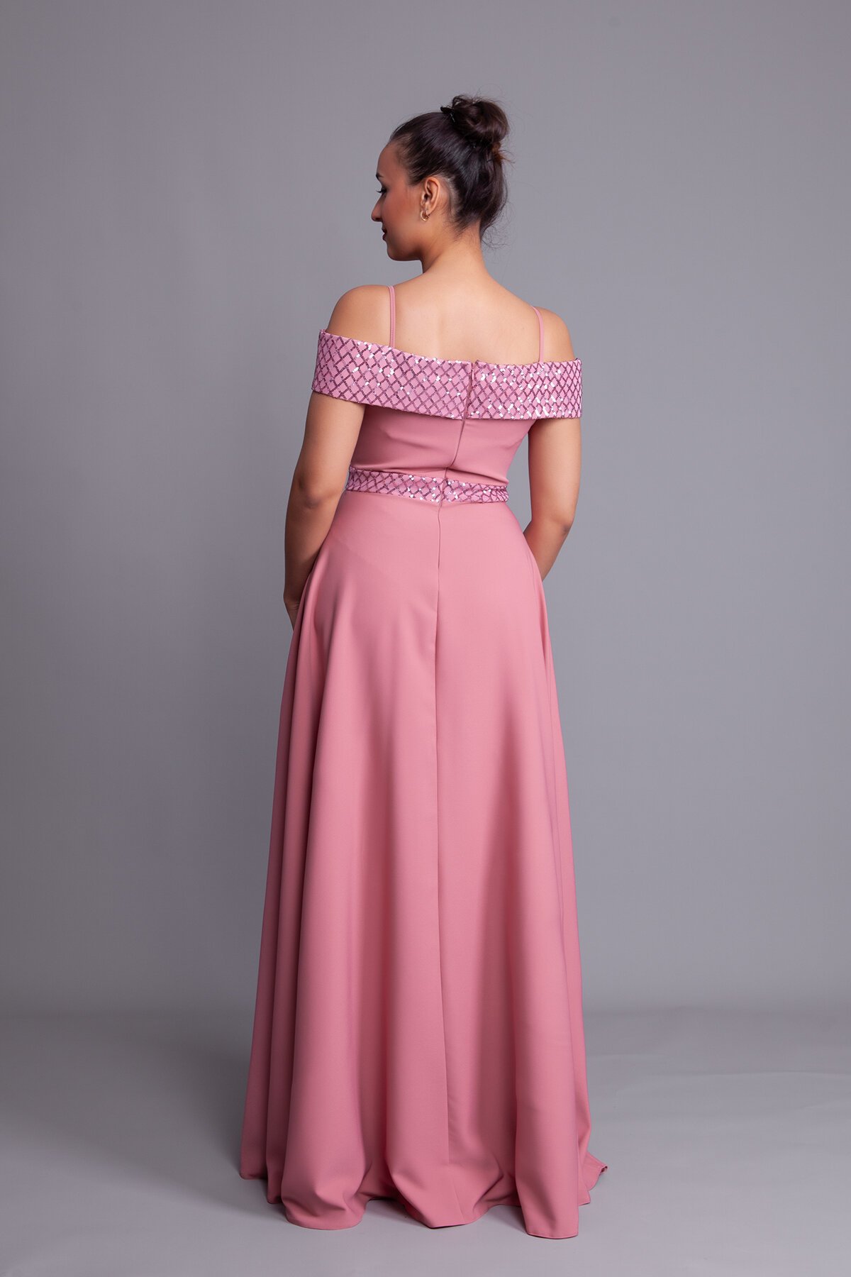 Long Flared Plaid Strappy Off-Shoulder Sequin Evening Dress - Dusty Rose - Bidoluelbise