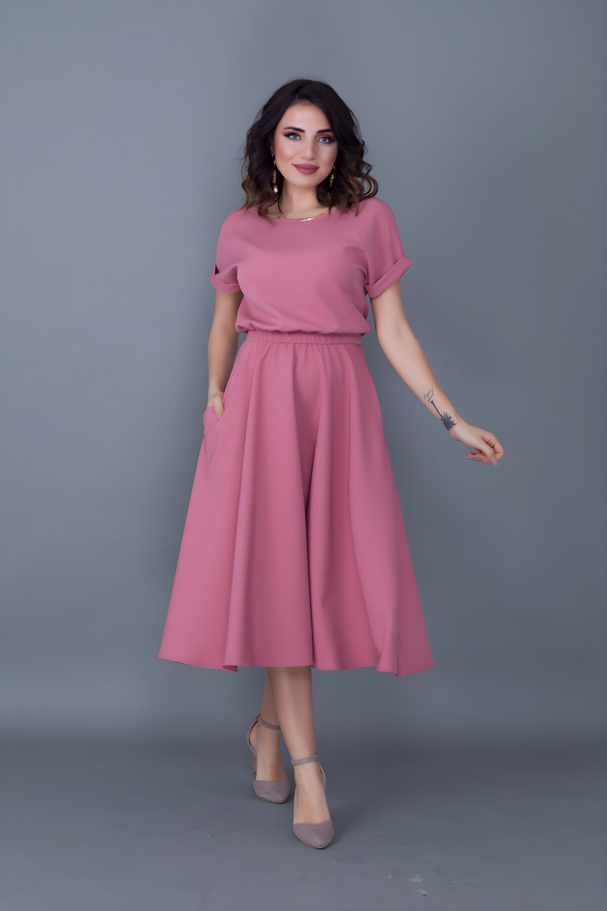 Midi Batwing Sleeve Elasticated Waist Pocketed Dress - Dusty Pink - Bidoluelbise