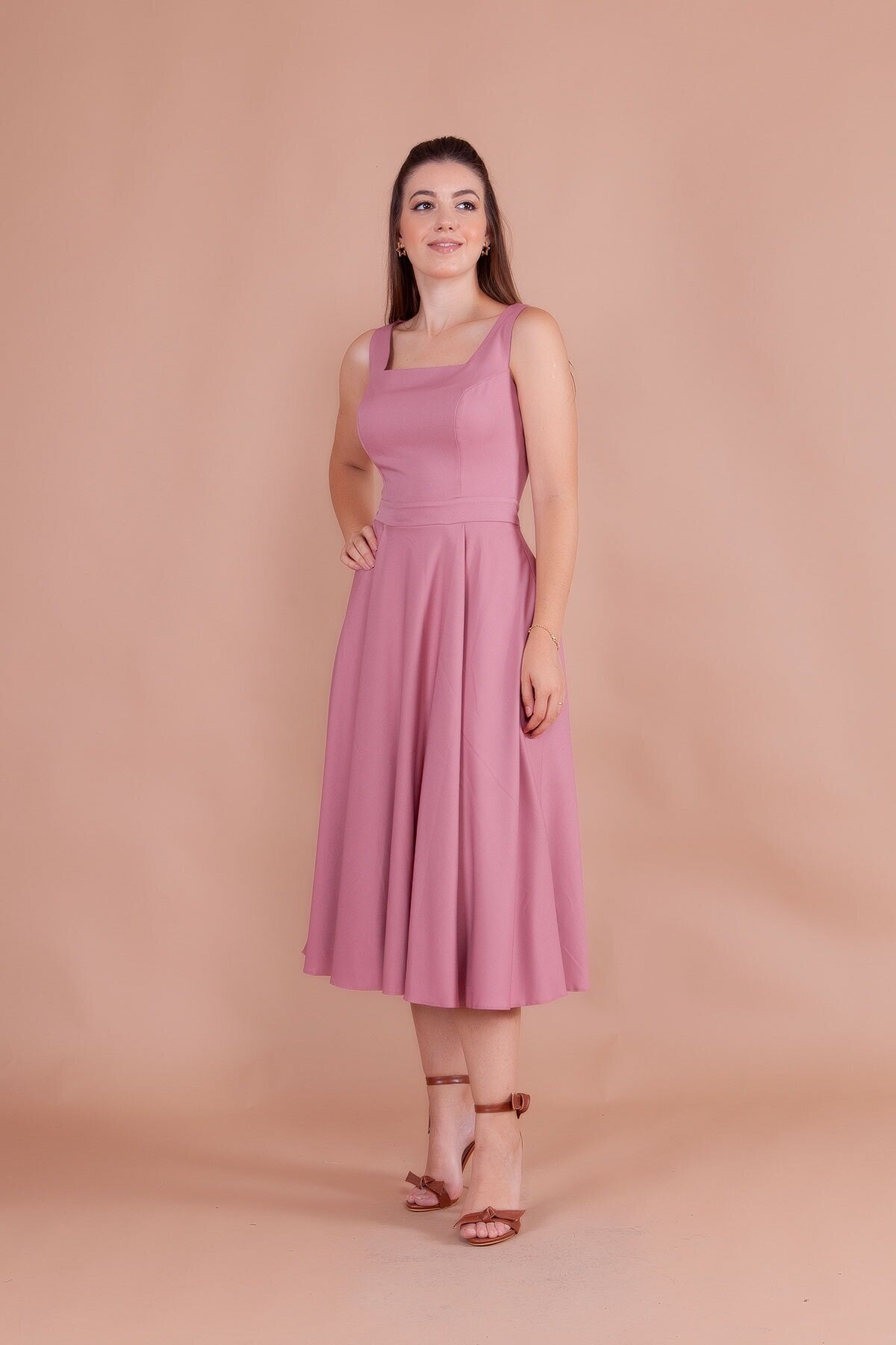 Midi Square Neck Dress - Dusty Rose - Bidoluelbise