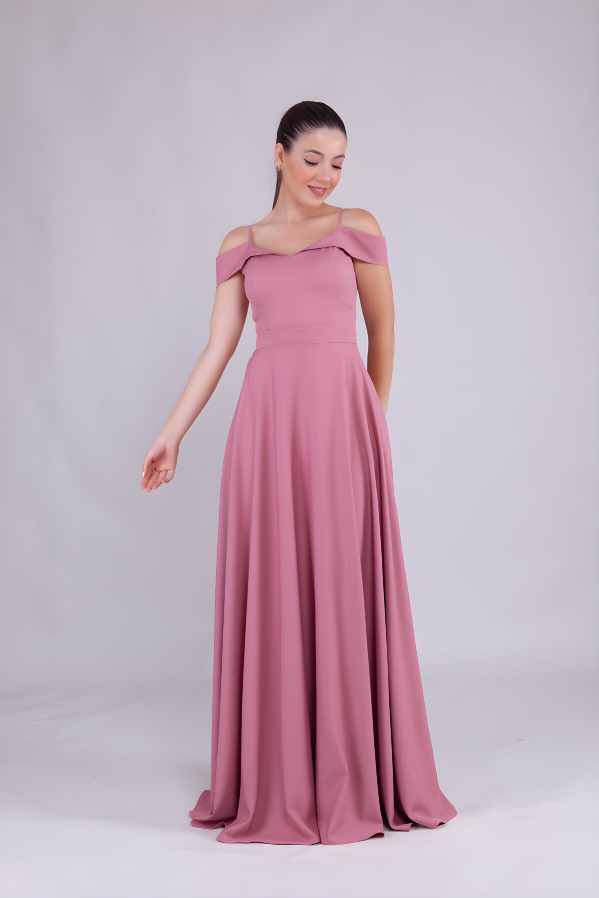 Long Strappy Strapless Shoulder Detail Evening Dress - Dusty Rose - Bidoluelbise