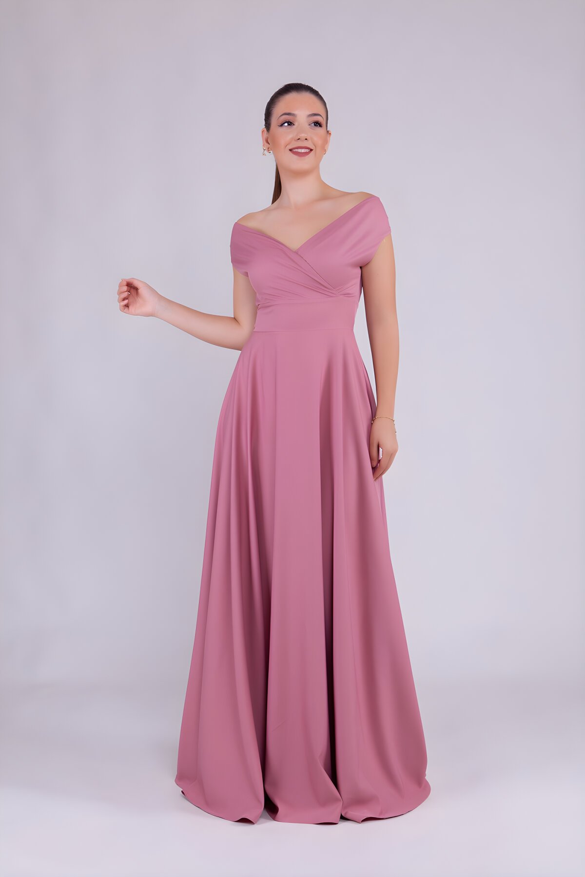 Long Boat-Neck Evening Dress - Dusty Rose - Bidoluelbise