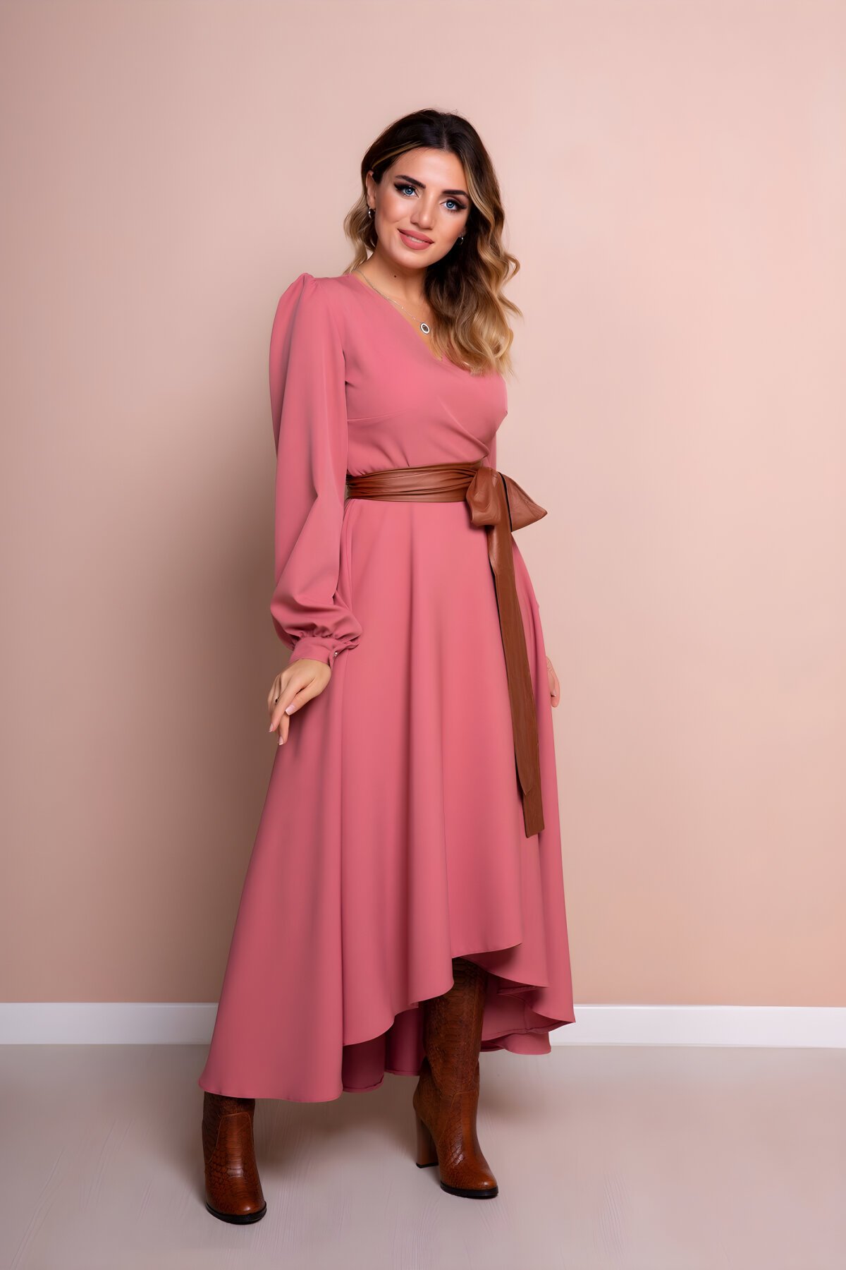Long Sleeve Asymmetric Cut Leather Belted Dress - Dusty Rose - Bidoluelbise