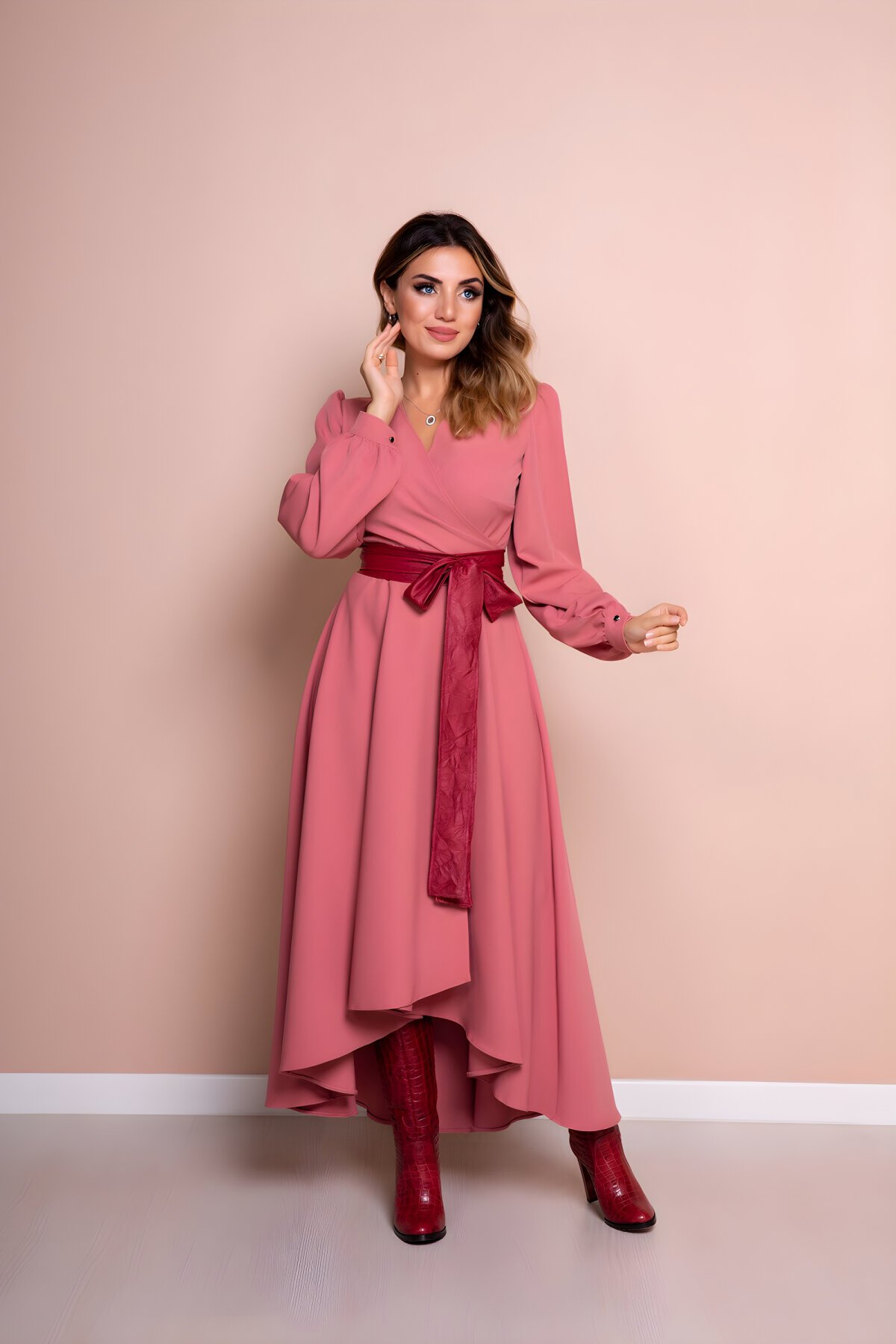 Long Sleeve Asymmetrical Cut Leather Belted Dress - Dusty Rose - Bidoluelbise