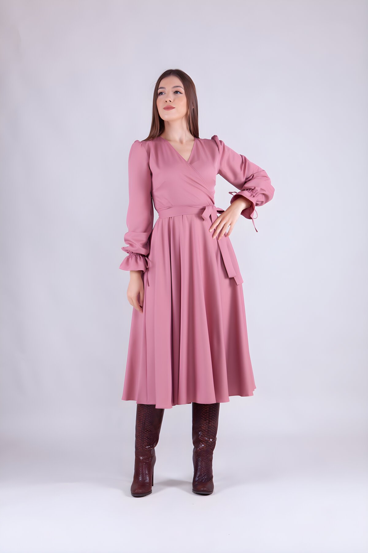 Midi Long-Sleeve Wrap-Collar Dress - Rosewood - Bidoluelbise