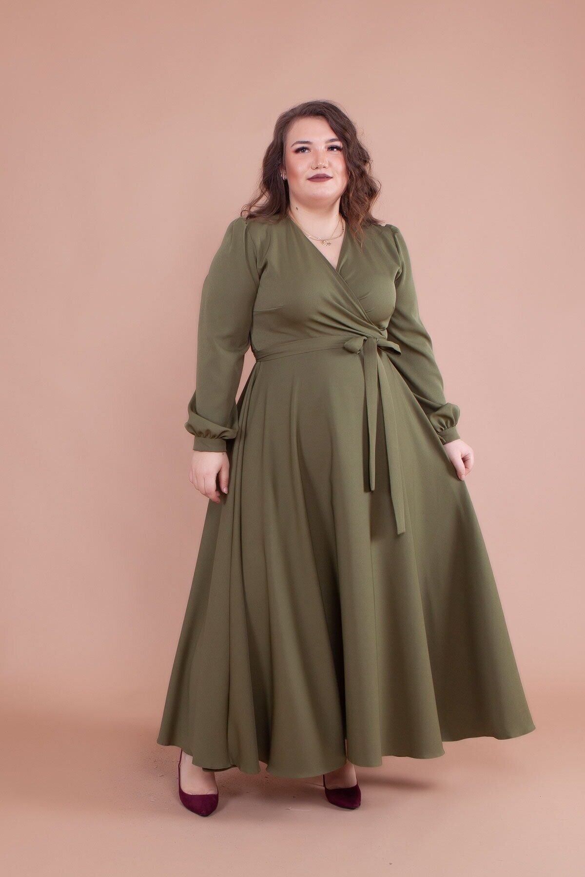 Haki Büyük Beden Uzun Elbise - Bidoluelbise