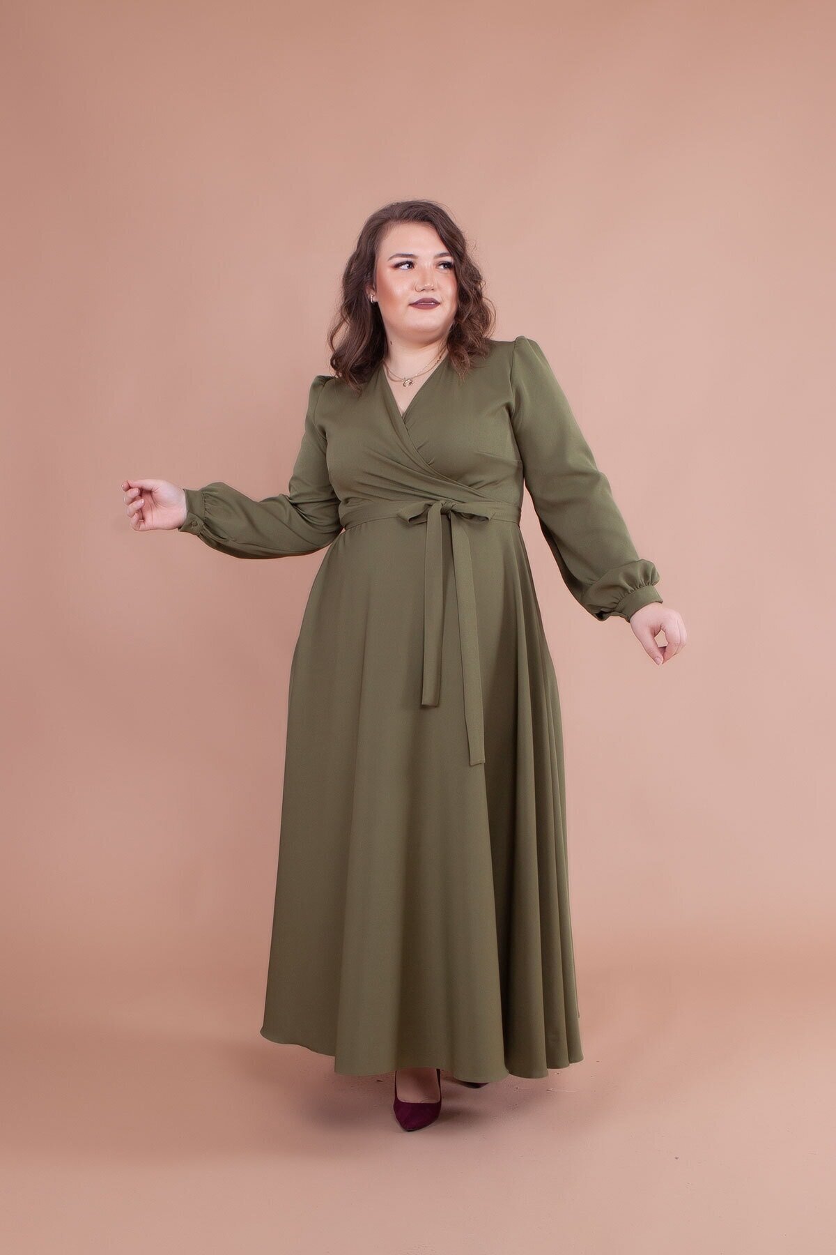فستان طويل مقاس كبير لون كاكي - Bidoluelbise