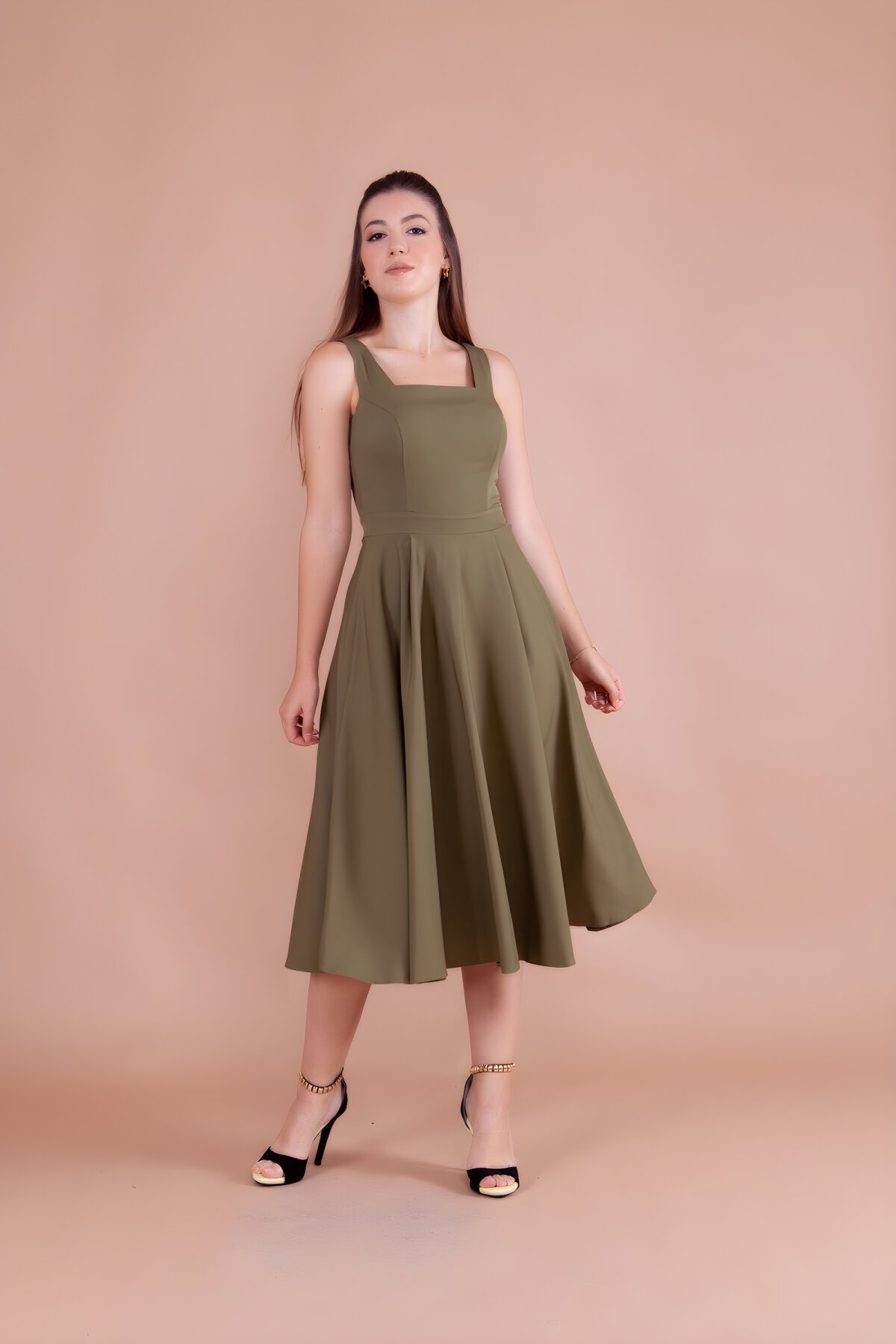 Midi Square Neck Dress - Khaki - Bidoluelbise