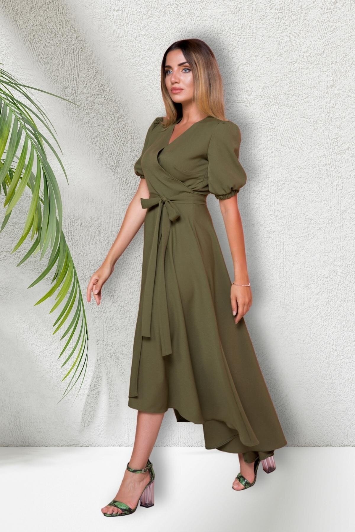 Midi Asymmetric Cut Short-Sleeve Wrap Dress - Khaki - Bidoluelbise
