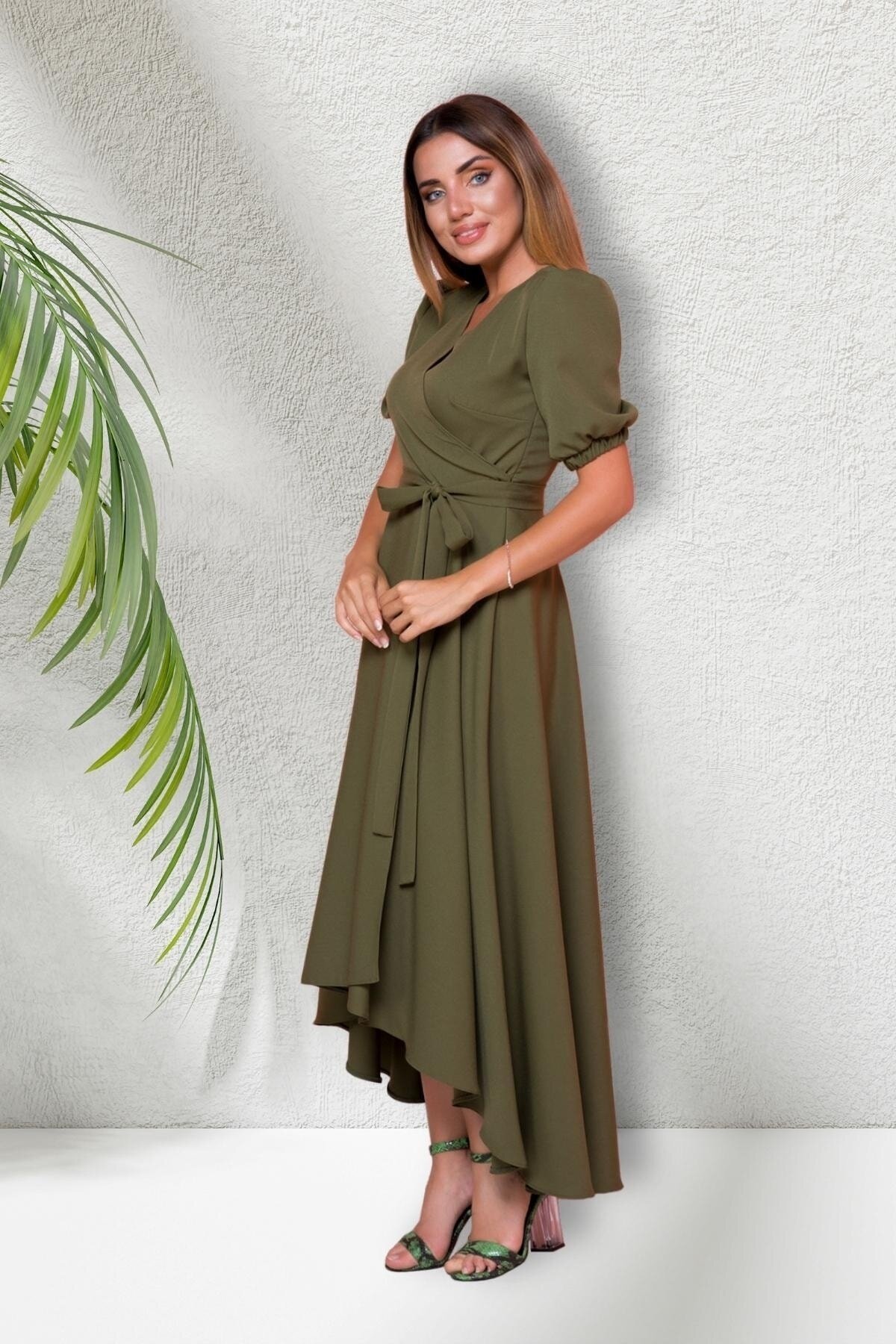 Midi Asymmetric Cut Short-Sleeve Wrap Dress - Khaki - Bidoluelbise