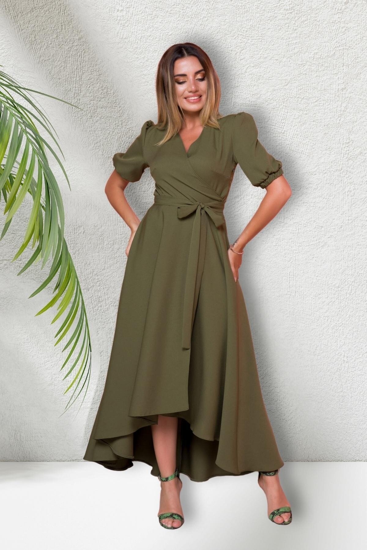 Midi Asymmetric Cut Short-Sleeve Wrap Dress - Khaki - Bidoluelbise