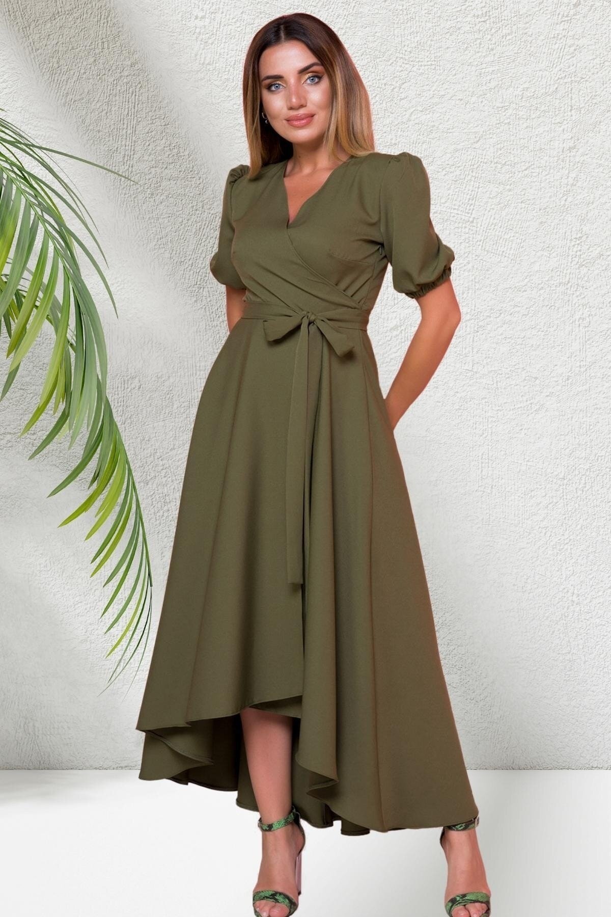 Midi Asymmetric Cut Short-Sleeve Wrap Dress - Khaki - Bidoluelbise