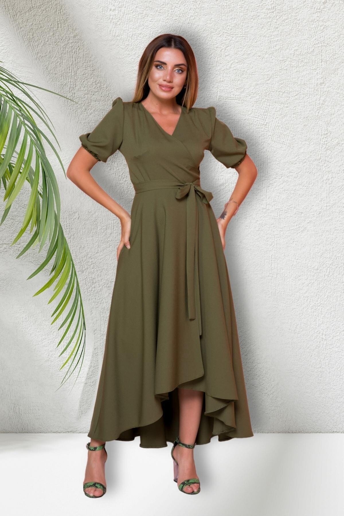 Midi Asymmetric Cut Short-Sleeve Wrap Dress - Khaki - Bidoluelbise