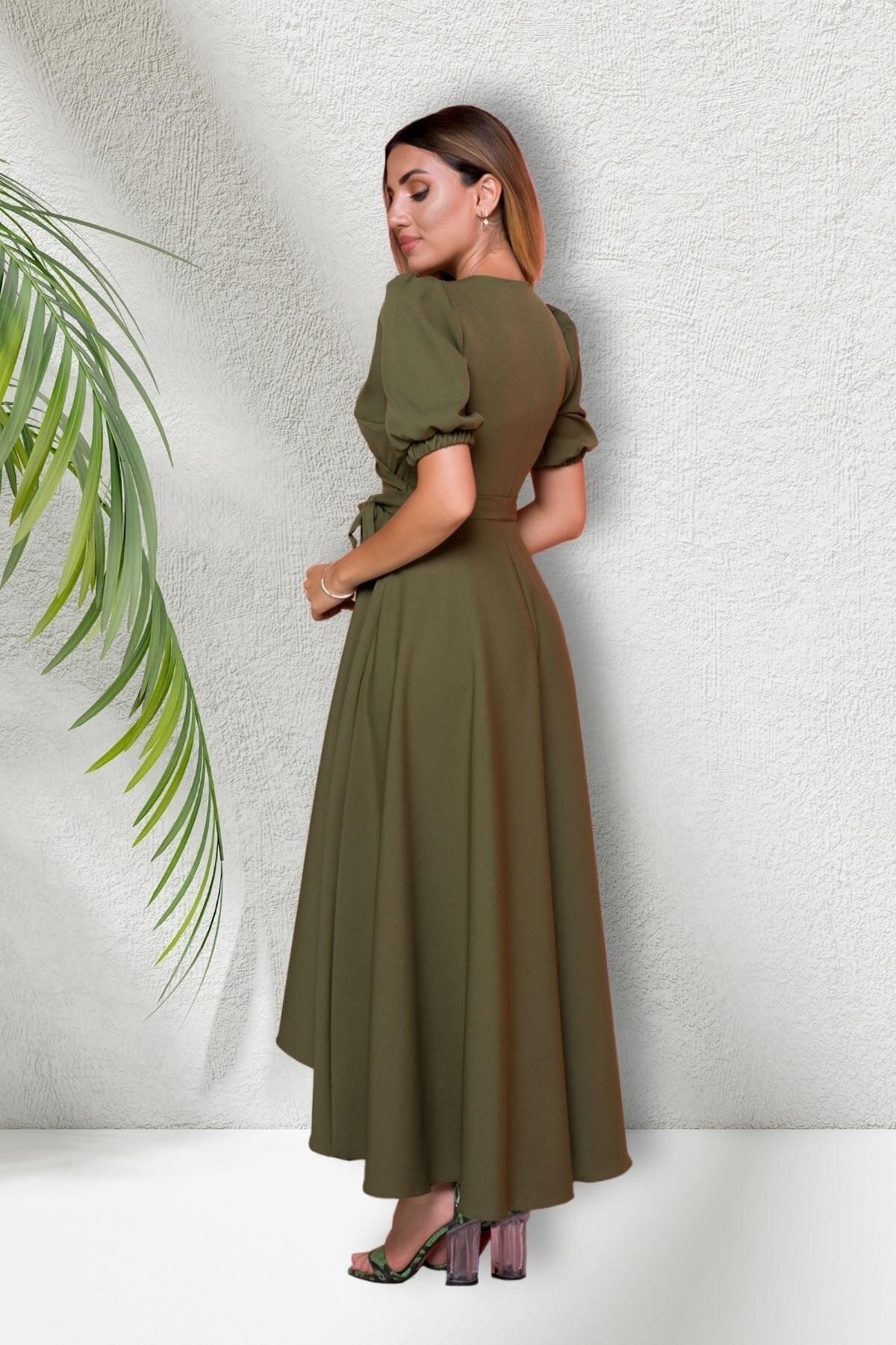 Midi Asymmetric Cut Short-Sleeve Wrap Dress - Khaki - Bidoluelbise