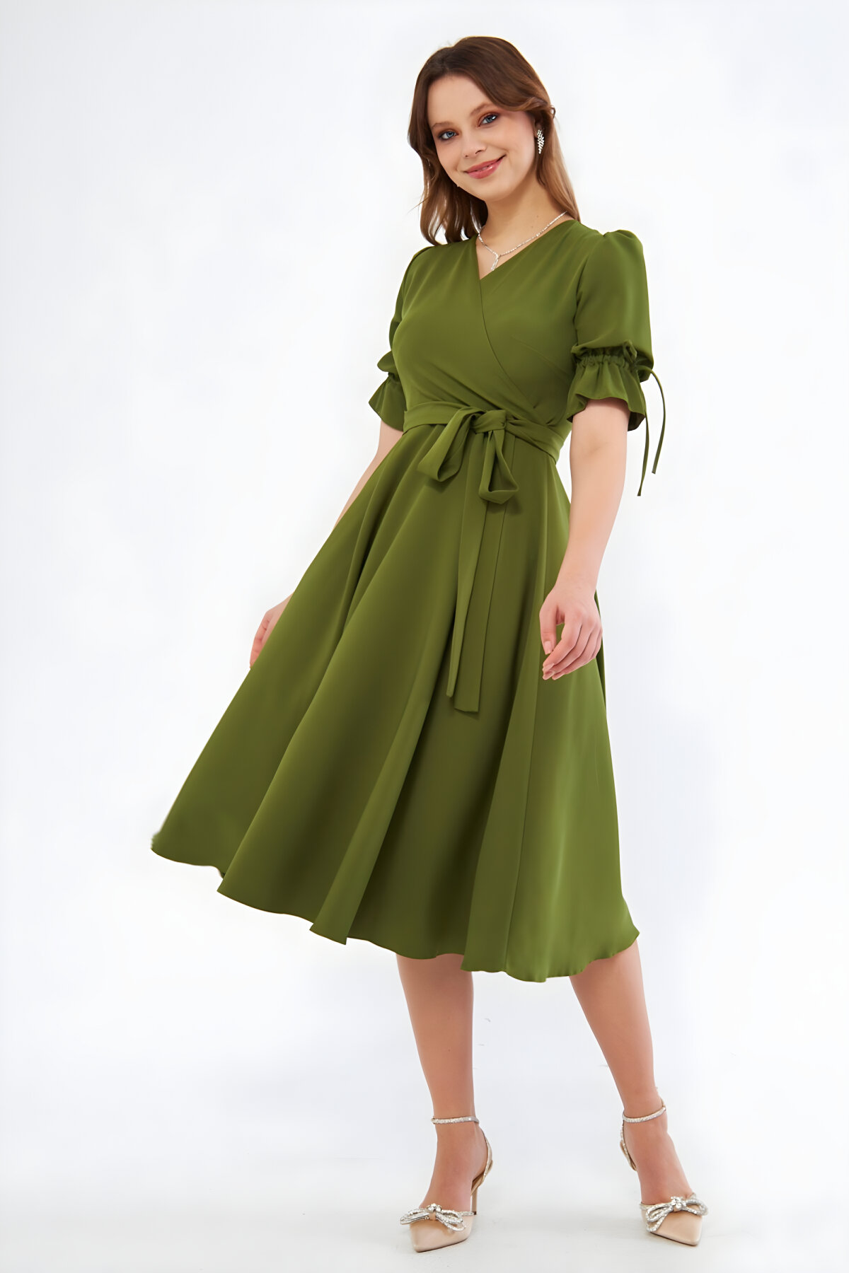 Midi Ruched Belted Wrap-Neck Dress - Khaki - Bidoluelbise