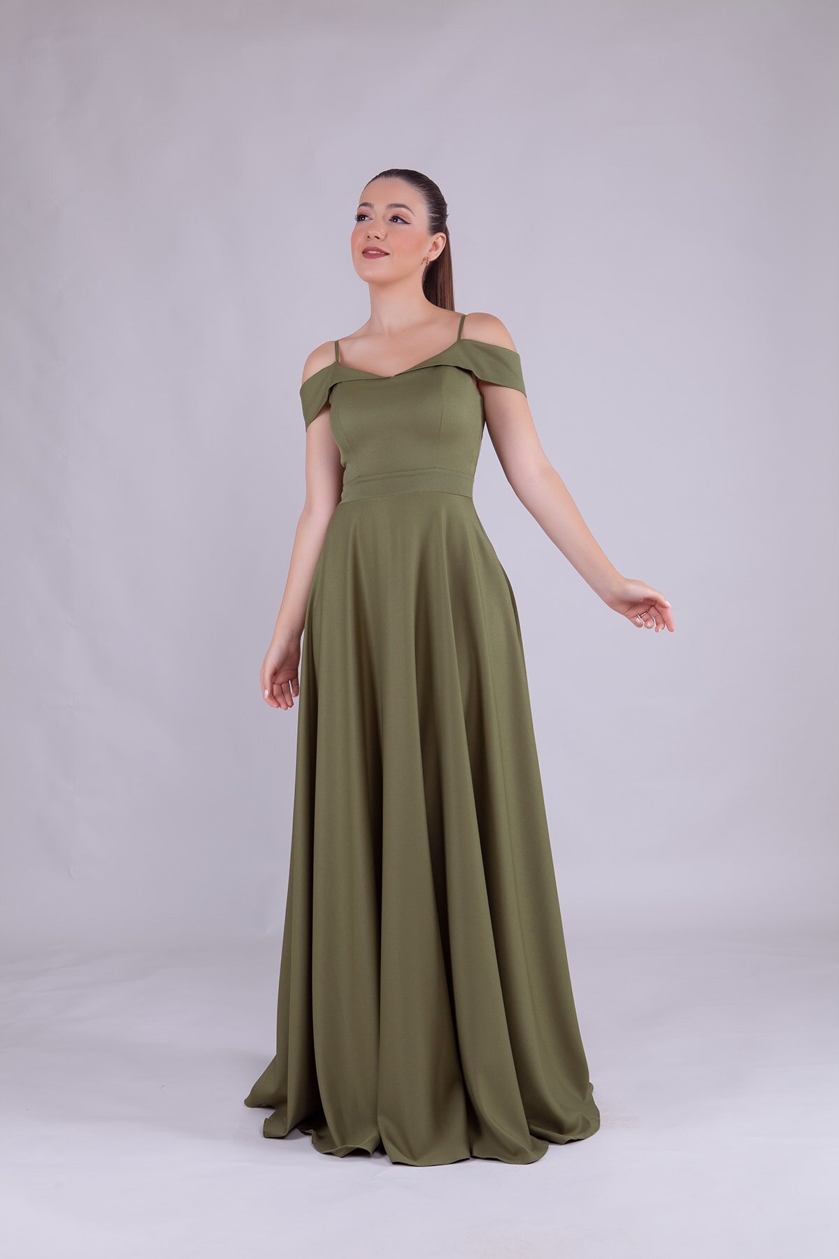 Long Strappy Shoulder-Detail Evening Dress - Khaki - Bidoluelbise