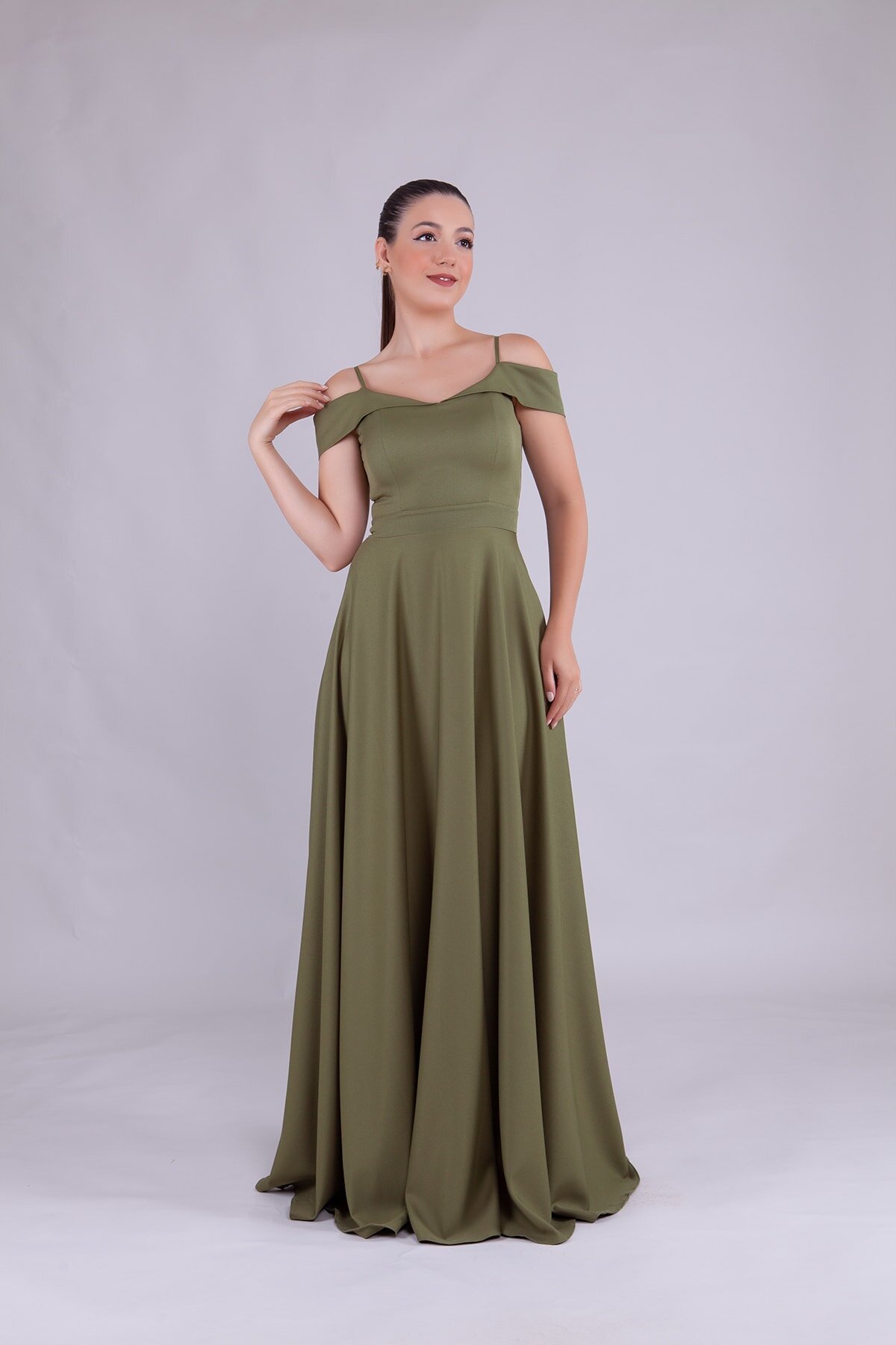 Long Strappy Shoulder-Detail Evening Dress - Khaki - Bidoluelbise