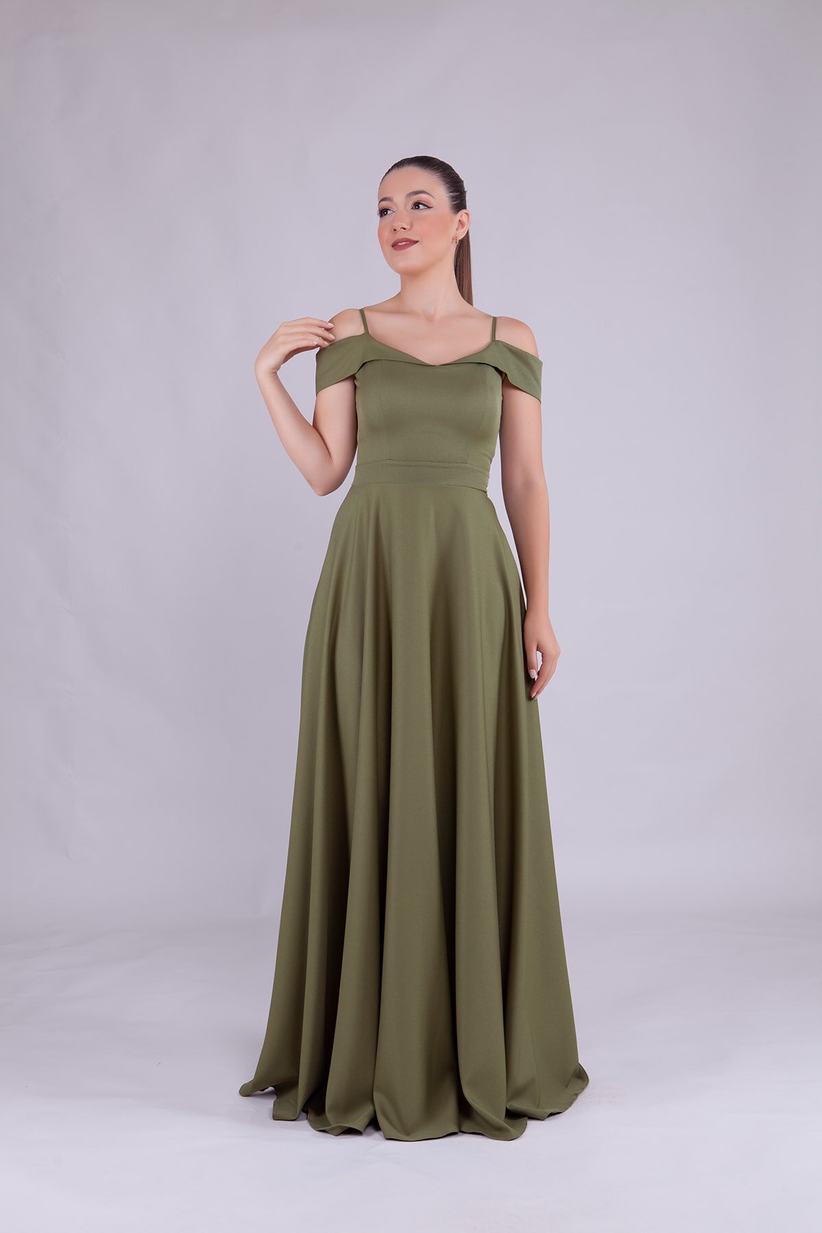 Long Strappy Shoulder-Detail Evening Dress - Khaki - Bidoluelbise