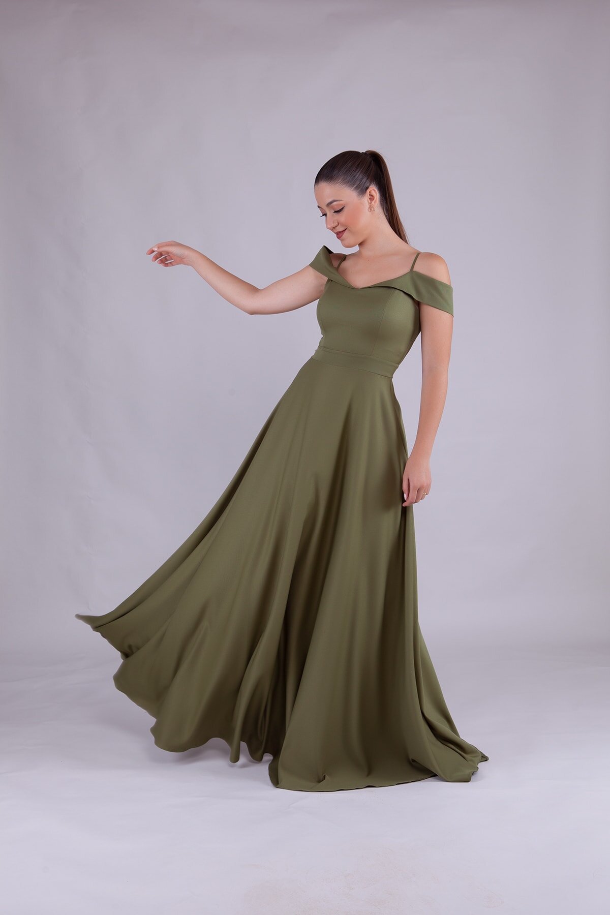 Long Strappy Shoulder-Detail Evening Dress - Khaki - Bidoluelbise
