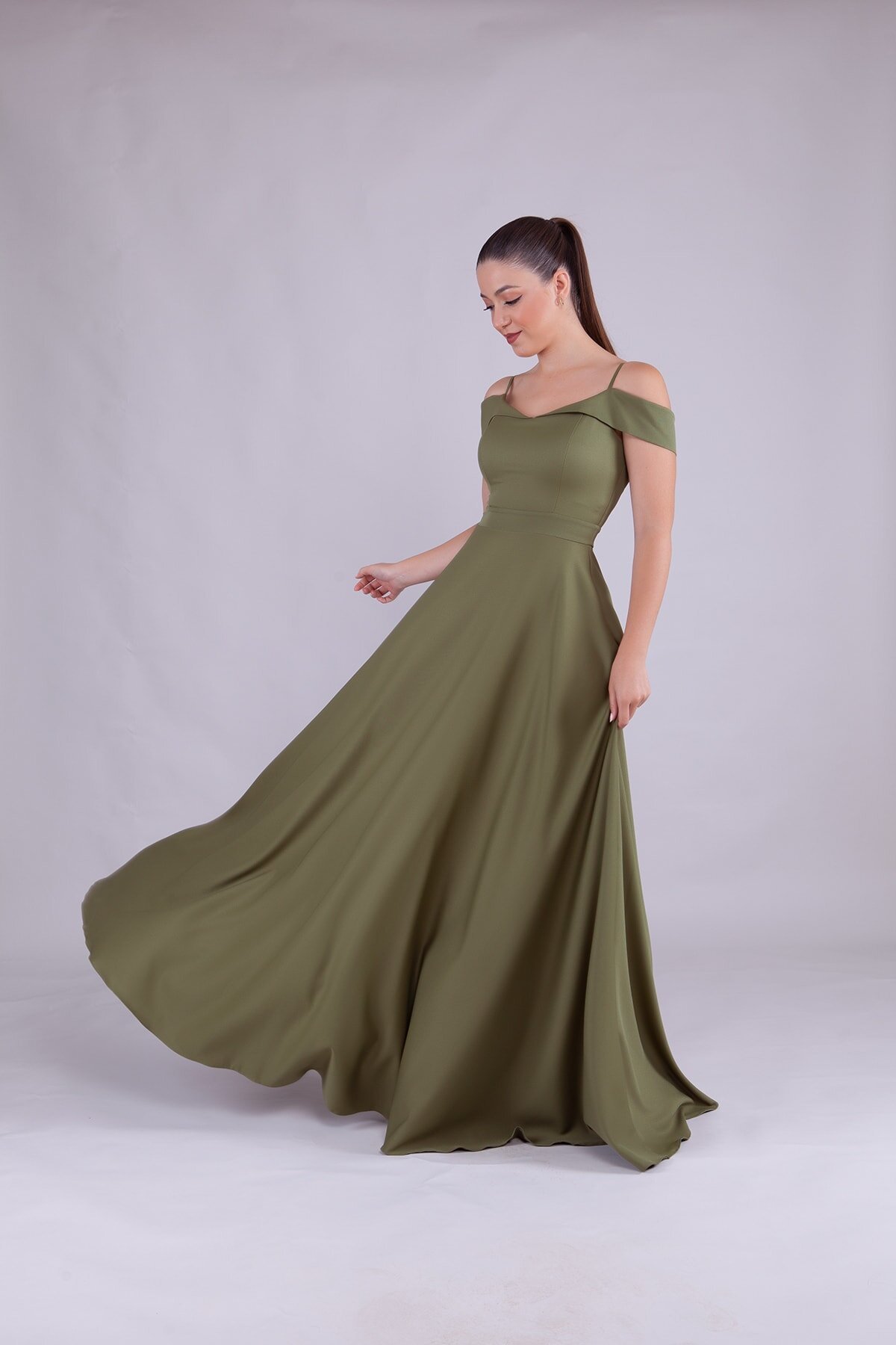 Long Strappy Shoulder-Detail Evening Dress - Khaki - Bidoluelbise