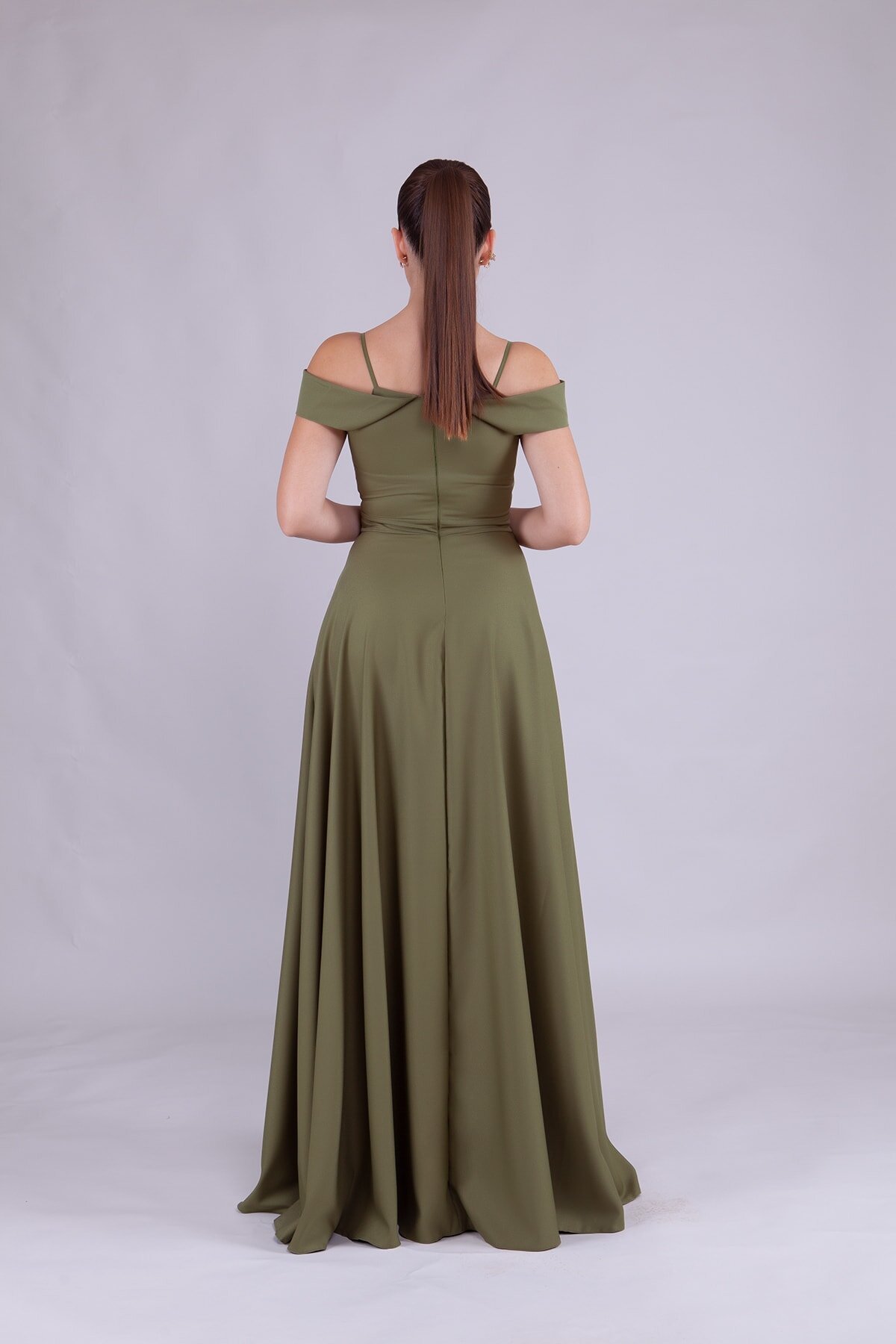 Long Strappy Shoulder-Detail Evening Dress - Khaki - Bidoluelbise