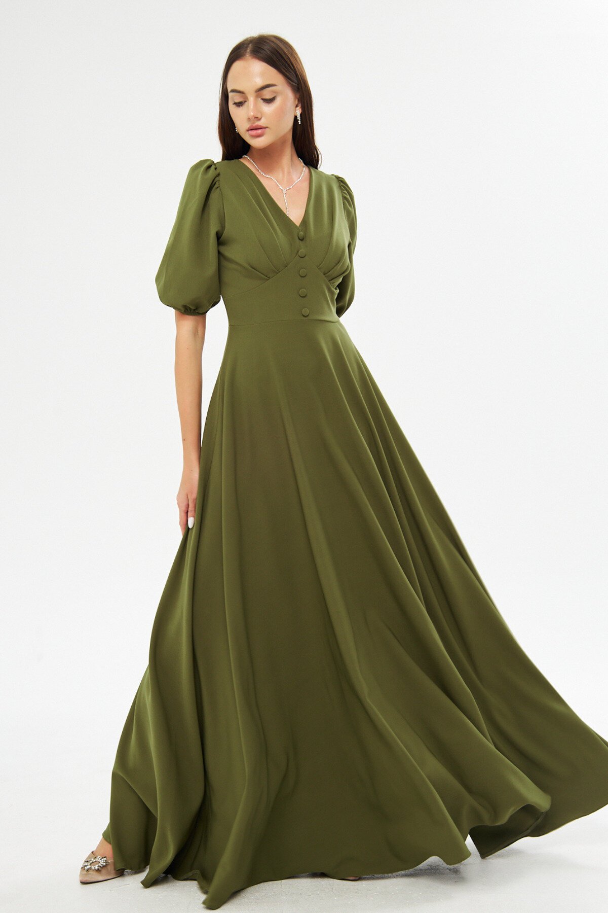 فستان سهرة طويل كاكي بأكمام بالون وياقة V وتفصيل حزام كورسيه - Bidoluelbise