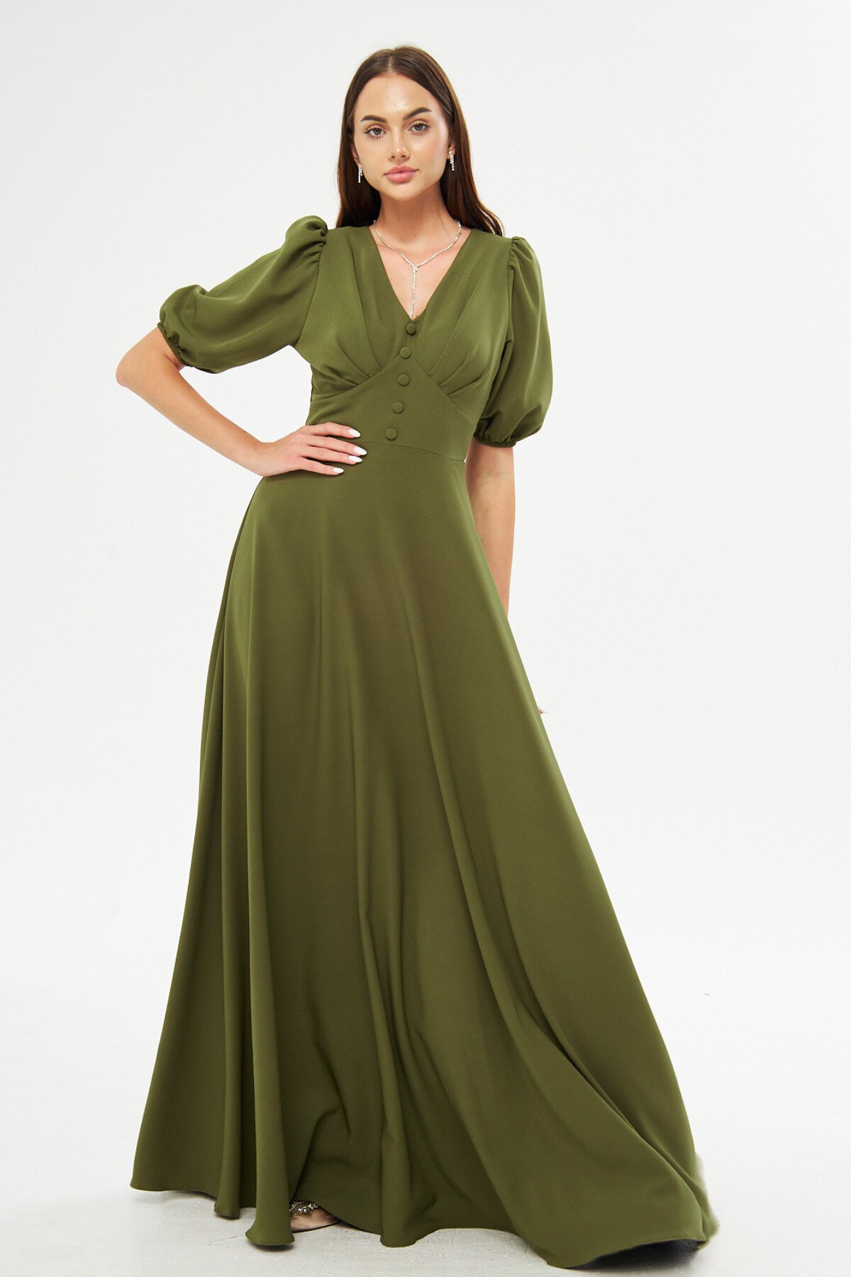 Long V-Neck Balloon Sleeve Corset Belt Evening Dress - Khaki - Bidoluelbise