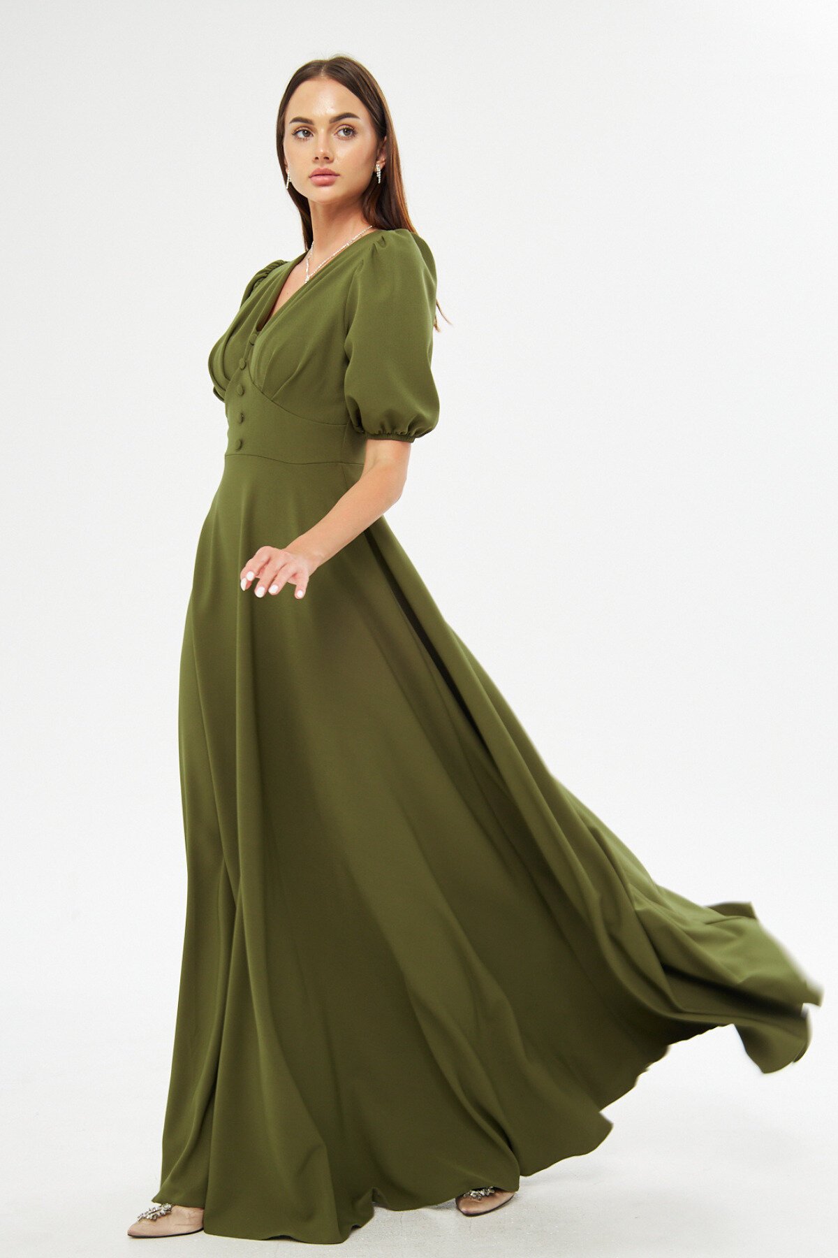 Long V-Neck Balloon Sleeve Corset Belt Evening Dress - Khaki - Bidoluelbise