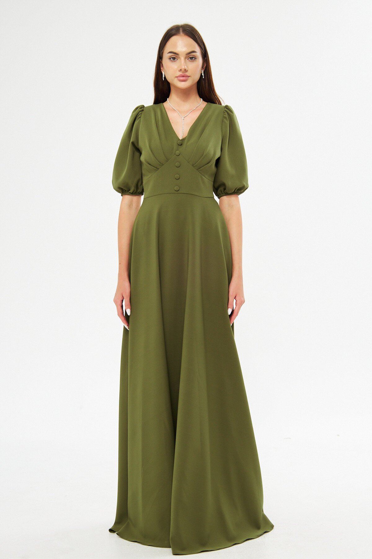 Long V-Neck Balloon Sleeve Corset Belt Evening Dress - Khaki - Bidoluelbise