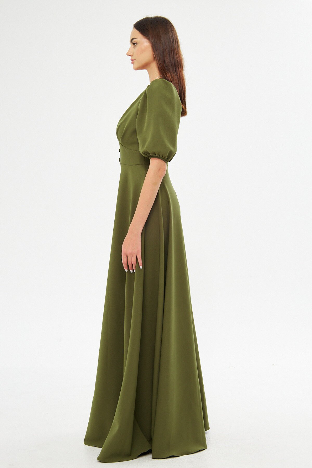 Long V-Neck Balloon Sleeve Corset Belt Evening Dress - Khaki - Bidoluelbise