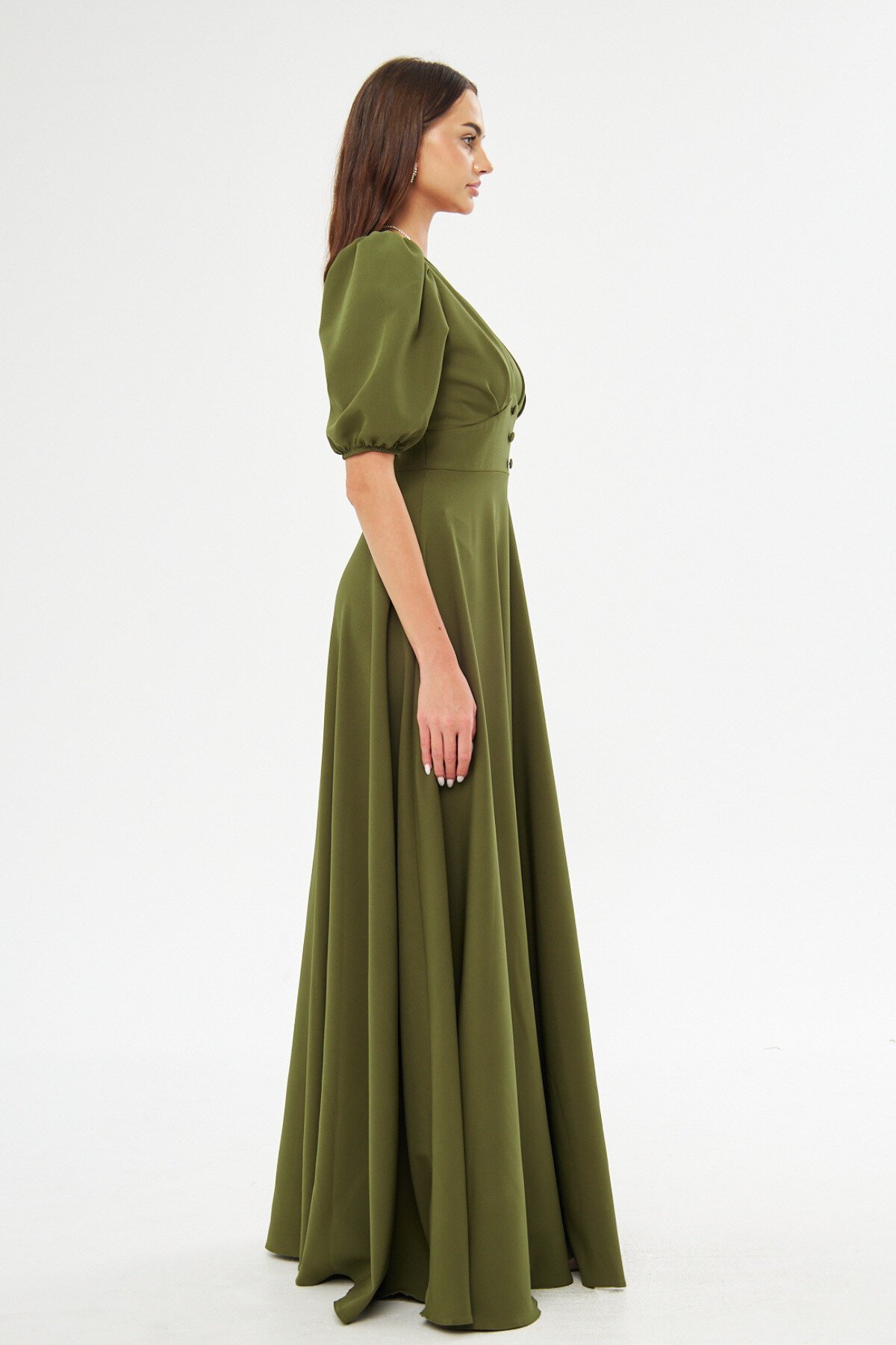 Long V-Neck Balloon Sleeve Corset Belt Evening Dress - Khaki - Bidoluelbise