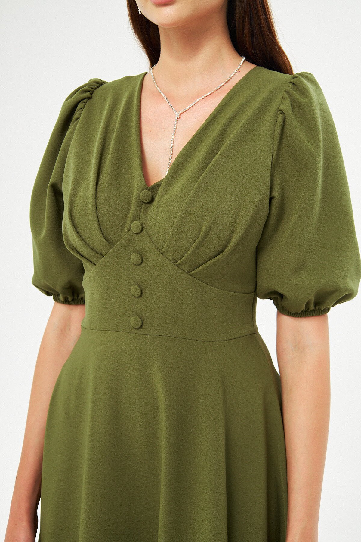 Long V-Neck Balloon Sleeve Corset Belt Evening Dress - Khaki - Bidoluelbise