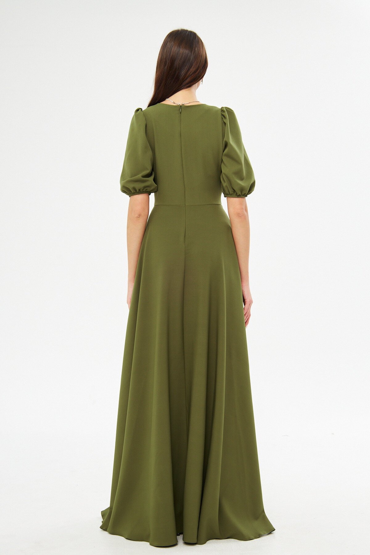 Long V-Neck Balloon Sleeve Corset Belt Evening Dress - Khaki - Bidoluelbise