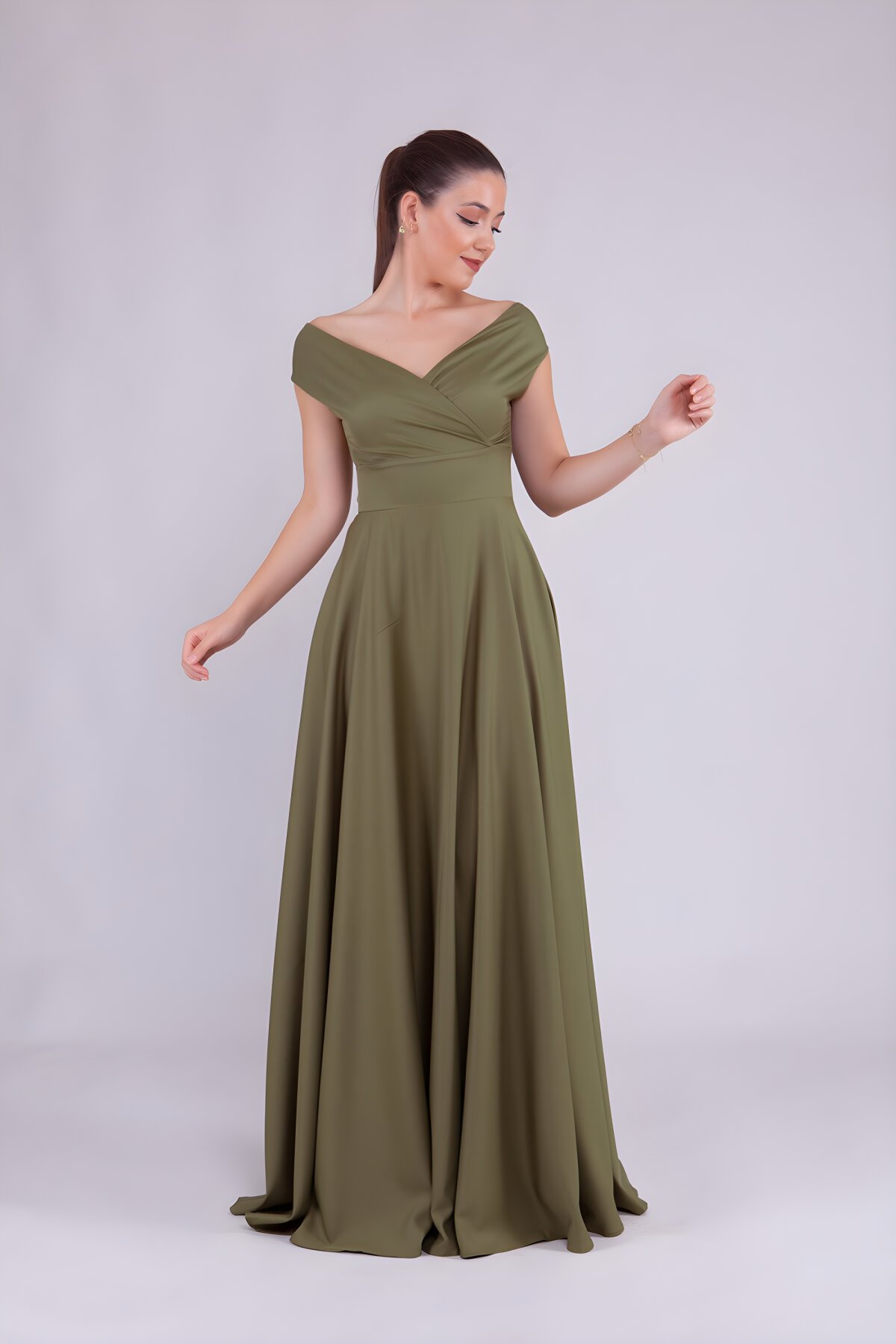 Long Boat Neck Evening Dress - Khaki - Bidoluelbise