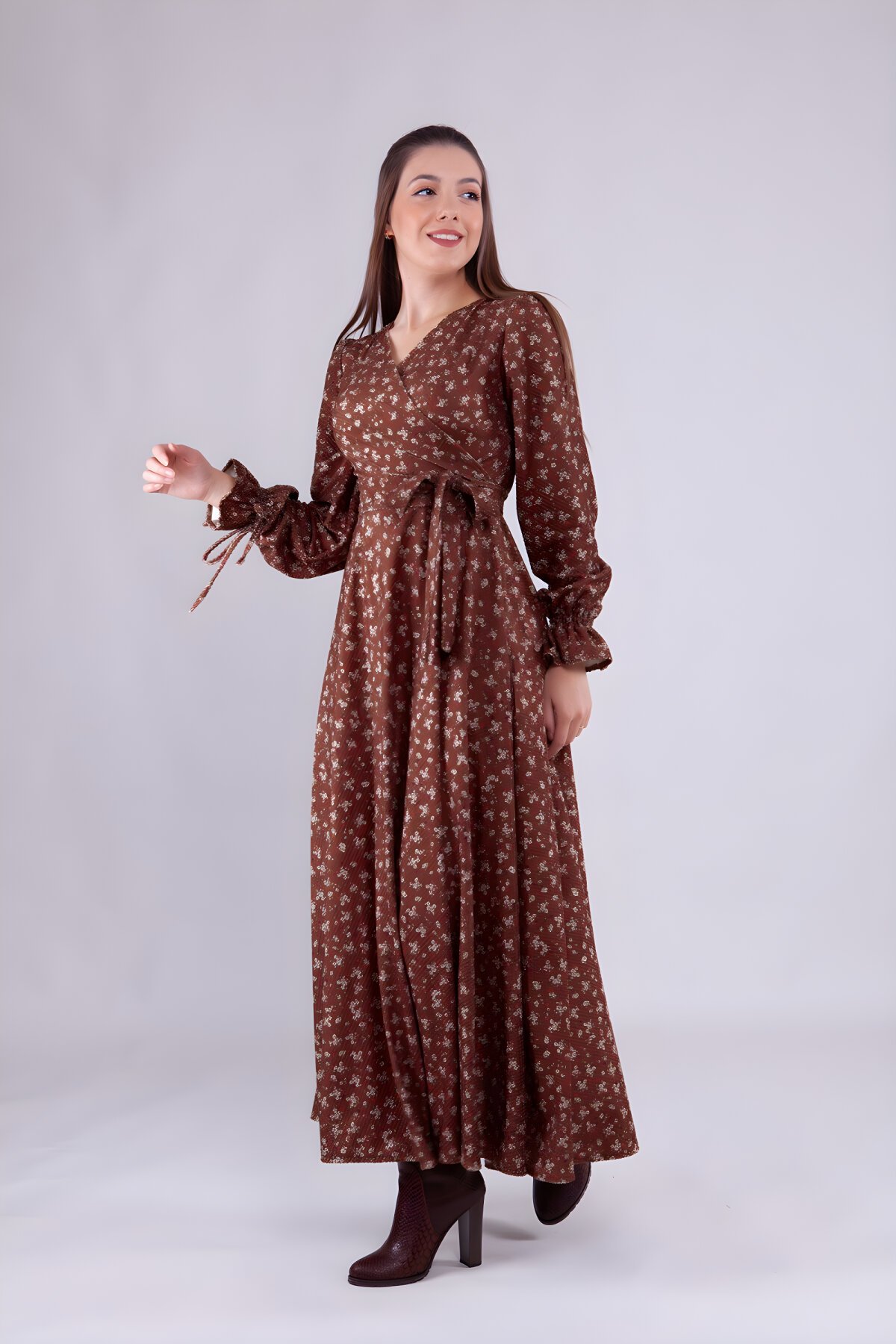 Long Sleeve Floral Velvet Wrap Dress - Brown - Bidoluelbise