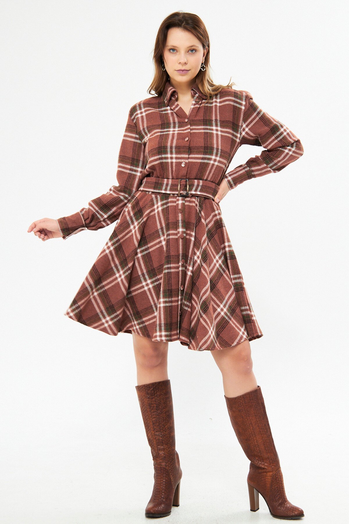 Mini Flannel Belted Long Sleeve Shirt Dress - Brown - Bidoluelbise