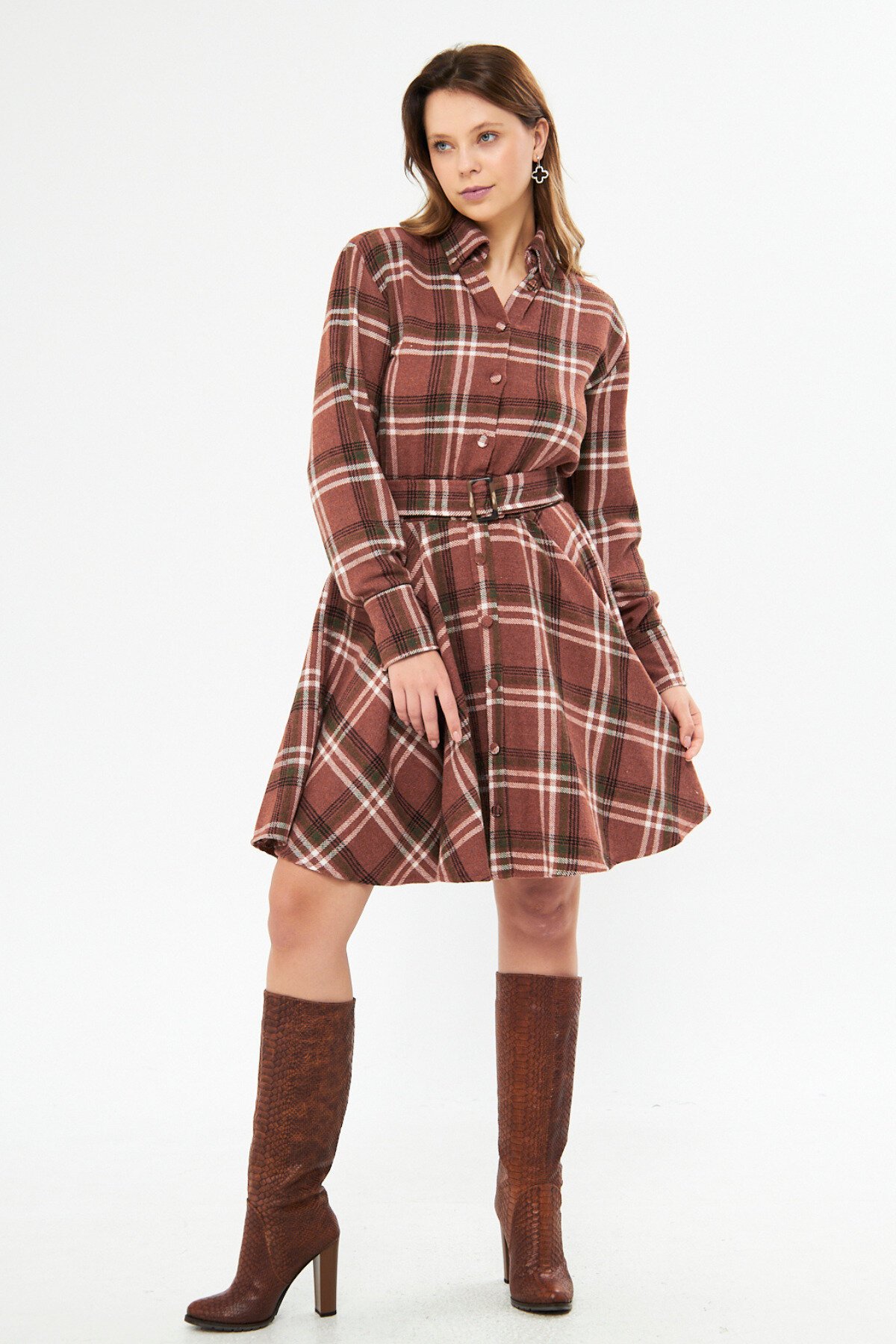 Mini Flannel Belted Long Sleeve Shirt Dress - Brown - Bidoluelbise