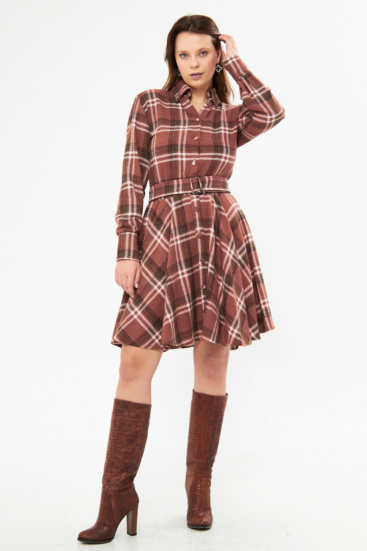Mini Flannel Belted Long Sleeve Shirt Dress - Brown - Bidoluelbise