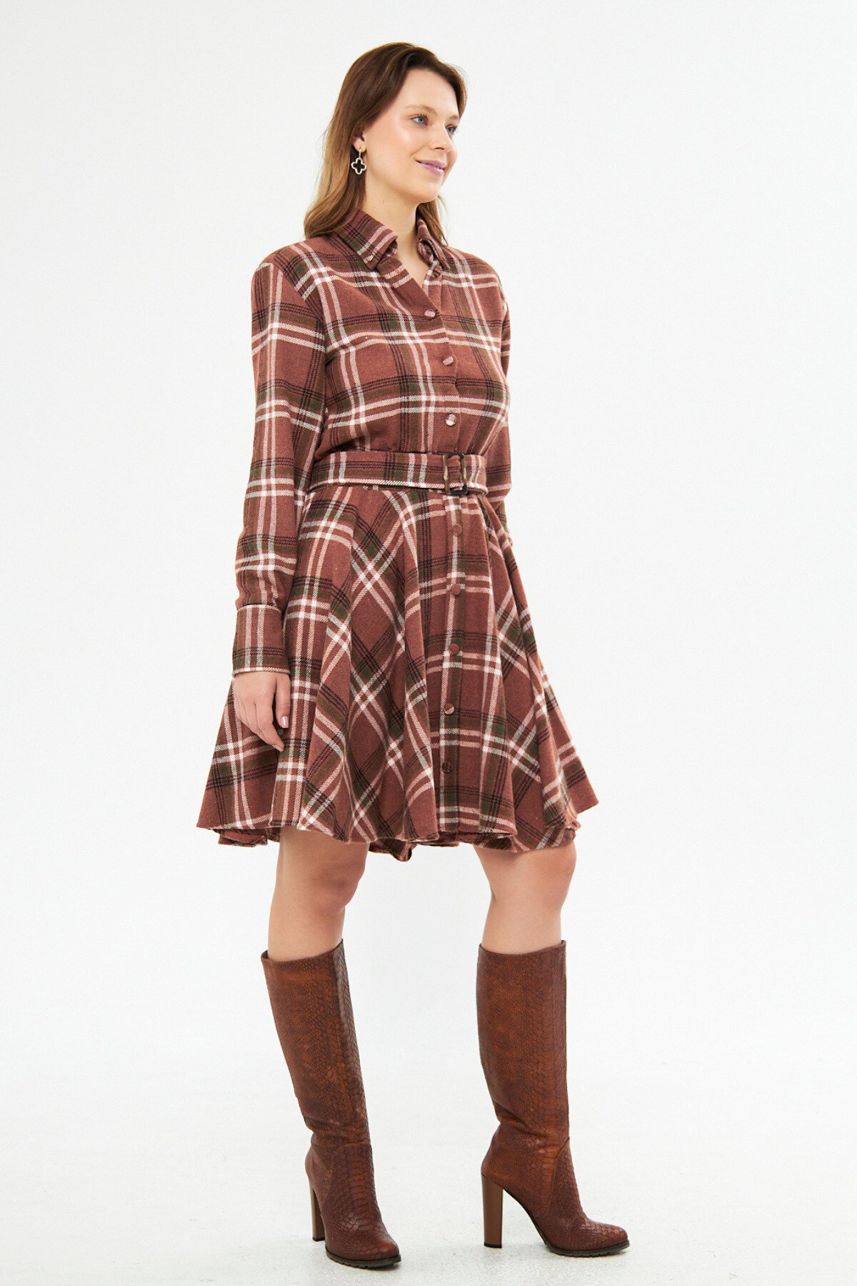 Mini Flannel Belted Long Sleeve Shirt Dress - Brown - Bidoluelbise
