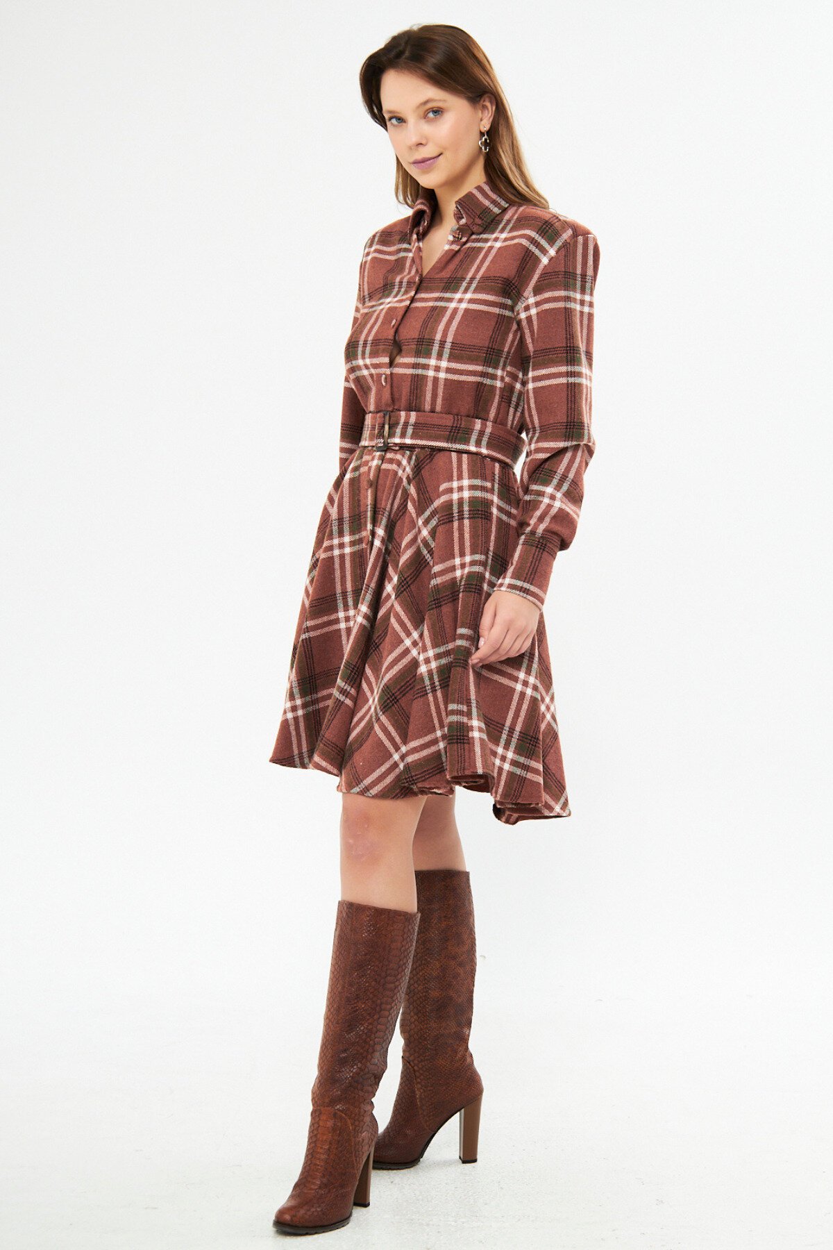 Mini Flannel Belted Long Sleeve Shirt Dress - Brown - Bidoluelbise