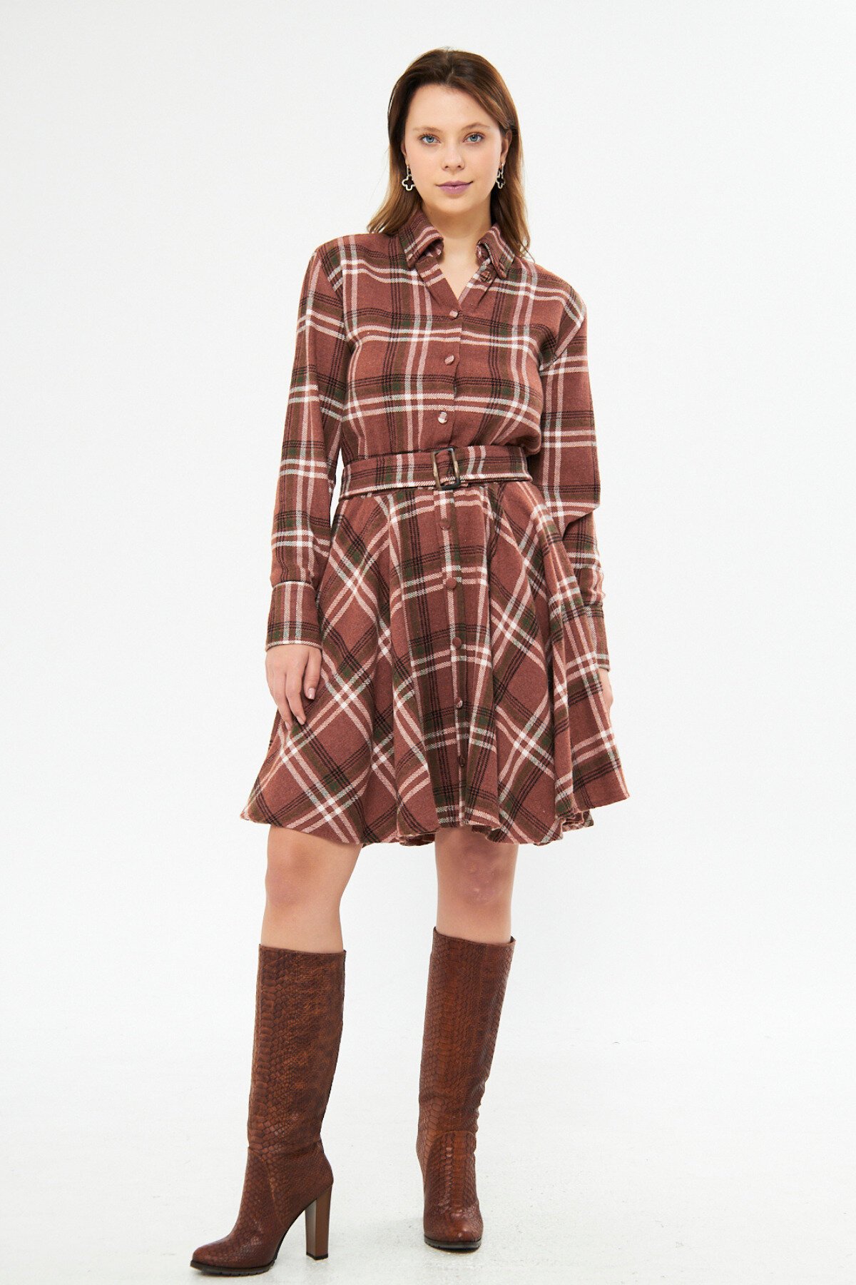 Mini Flannel Belted Long Sleeve Shirt Dress - Brown - Bidoluelbise
