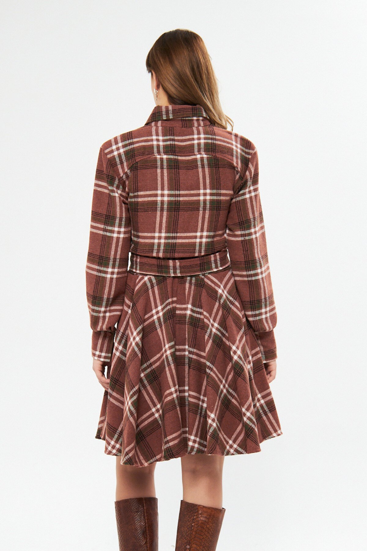 Mini Flannel Belted Long Sleeve Shirt Dress - Brown - Bidoluelbise