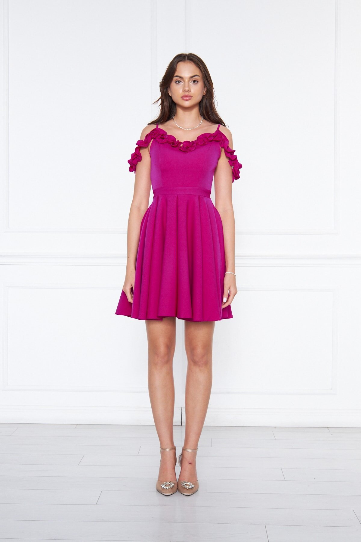 Mini Flared Pleated Cherry Pattern Adjustable Strap Evening Dress - Bidoluelbise