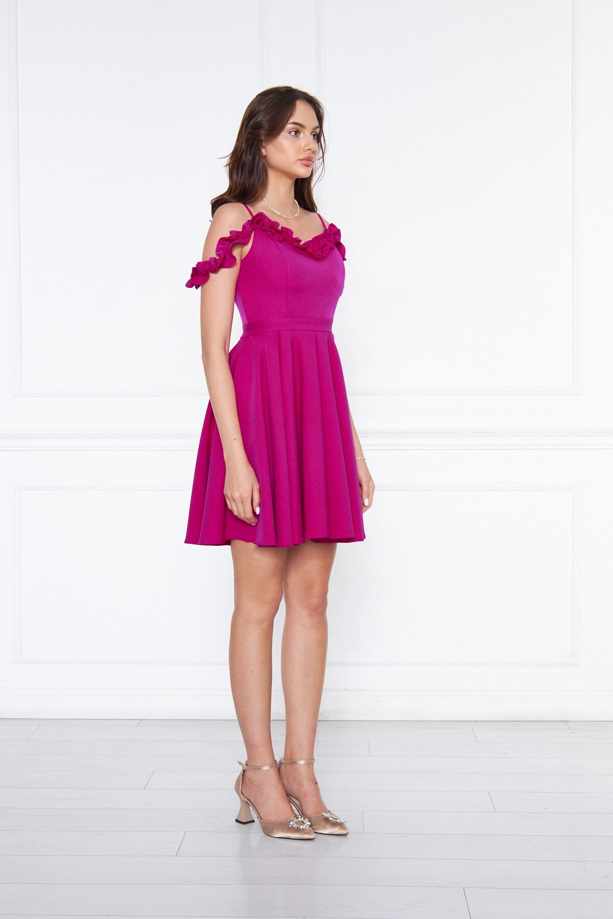 Mini Flared Pleated Cherry Pattern Adjustable Strap Evening Dress - Bidoluelbise