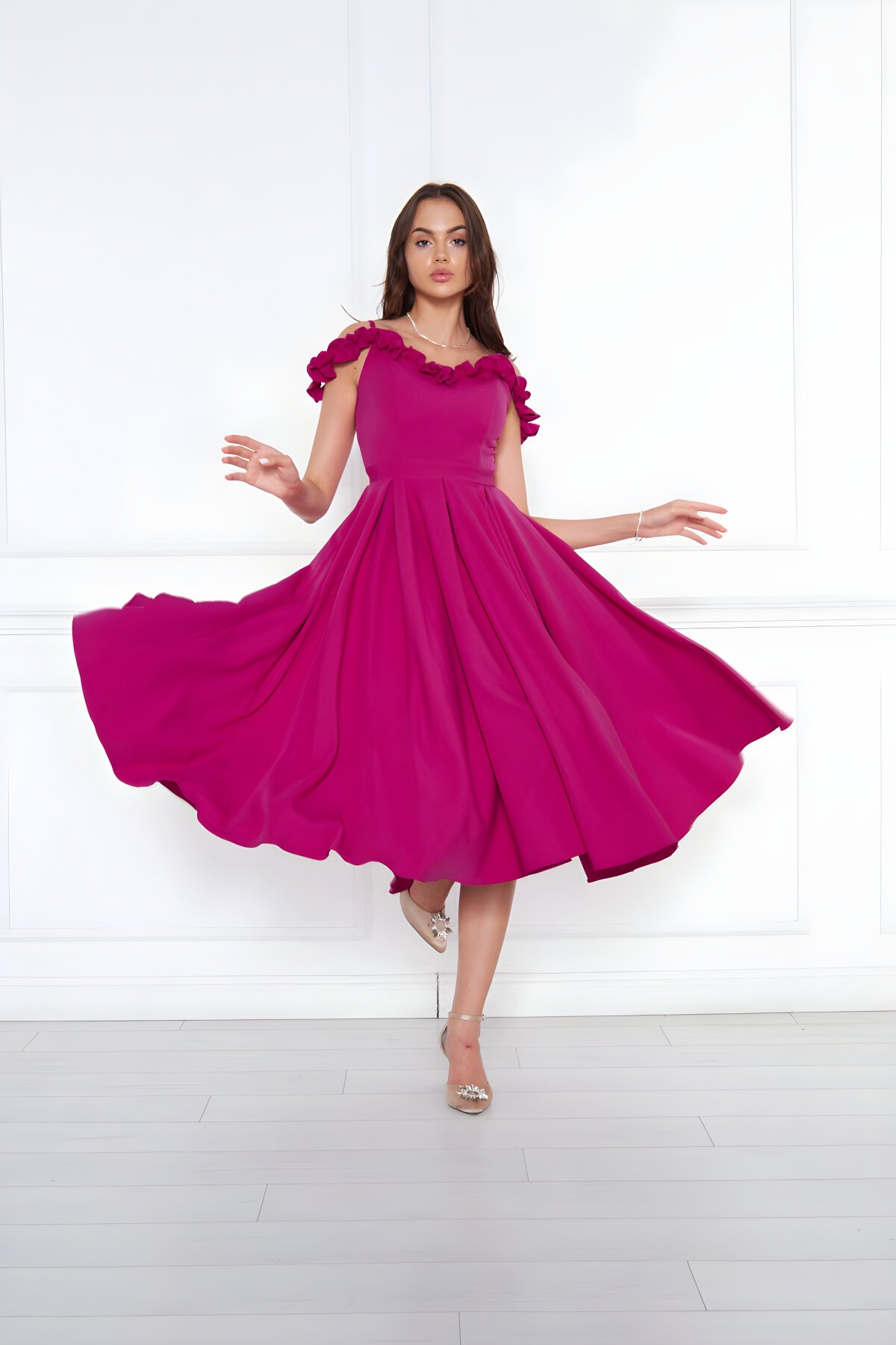 Midi Flared Pleated Woven Ruffled Adjustable Strap Evening Dress - Cherry - Bidoluelbise