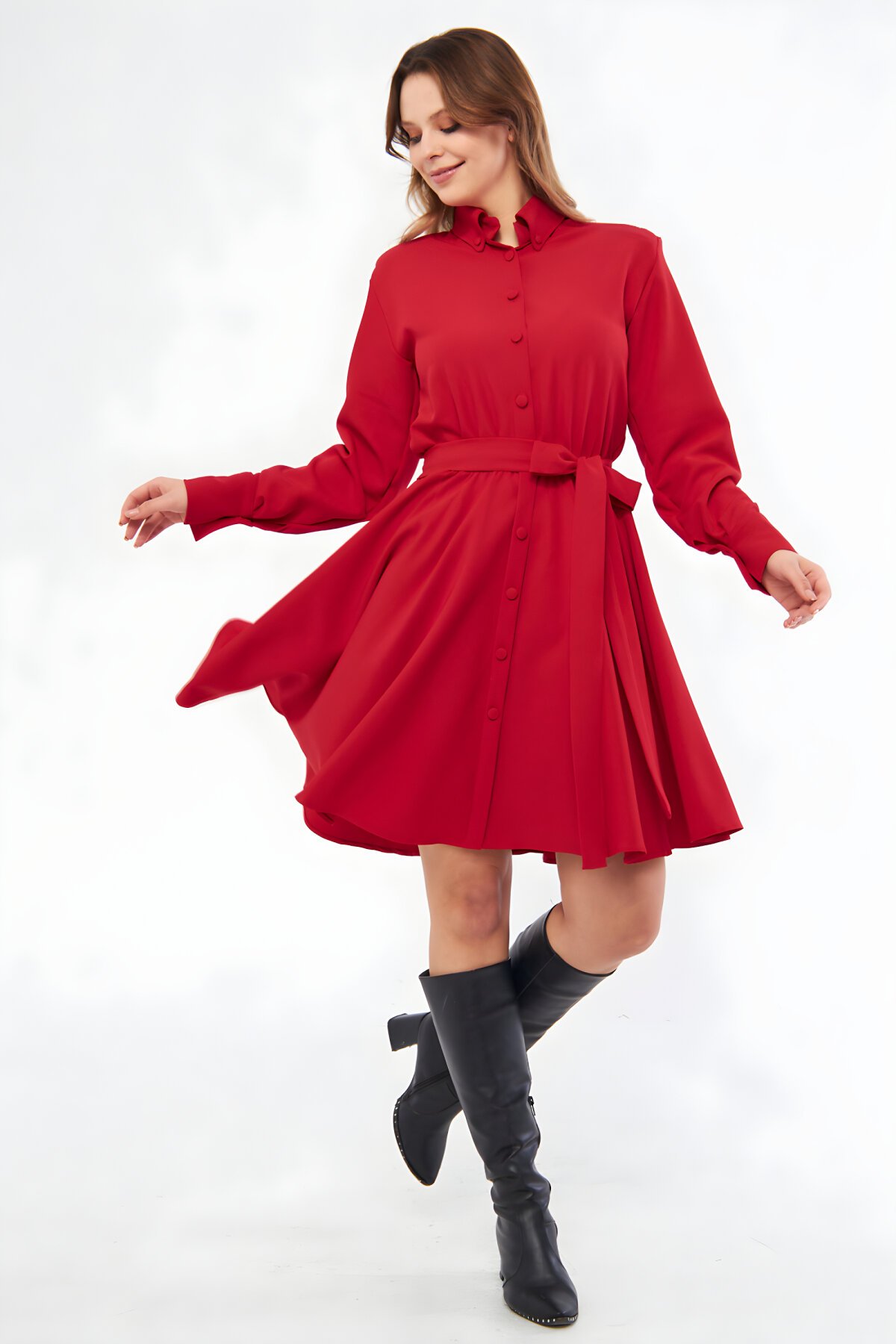 Mini Drapey Long-Sleeve Elastic-Waist Belted Shirt Dress - Red - Bidoluelbise