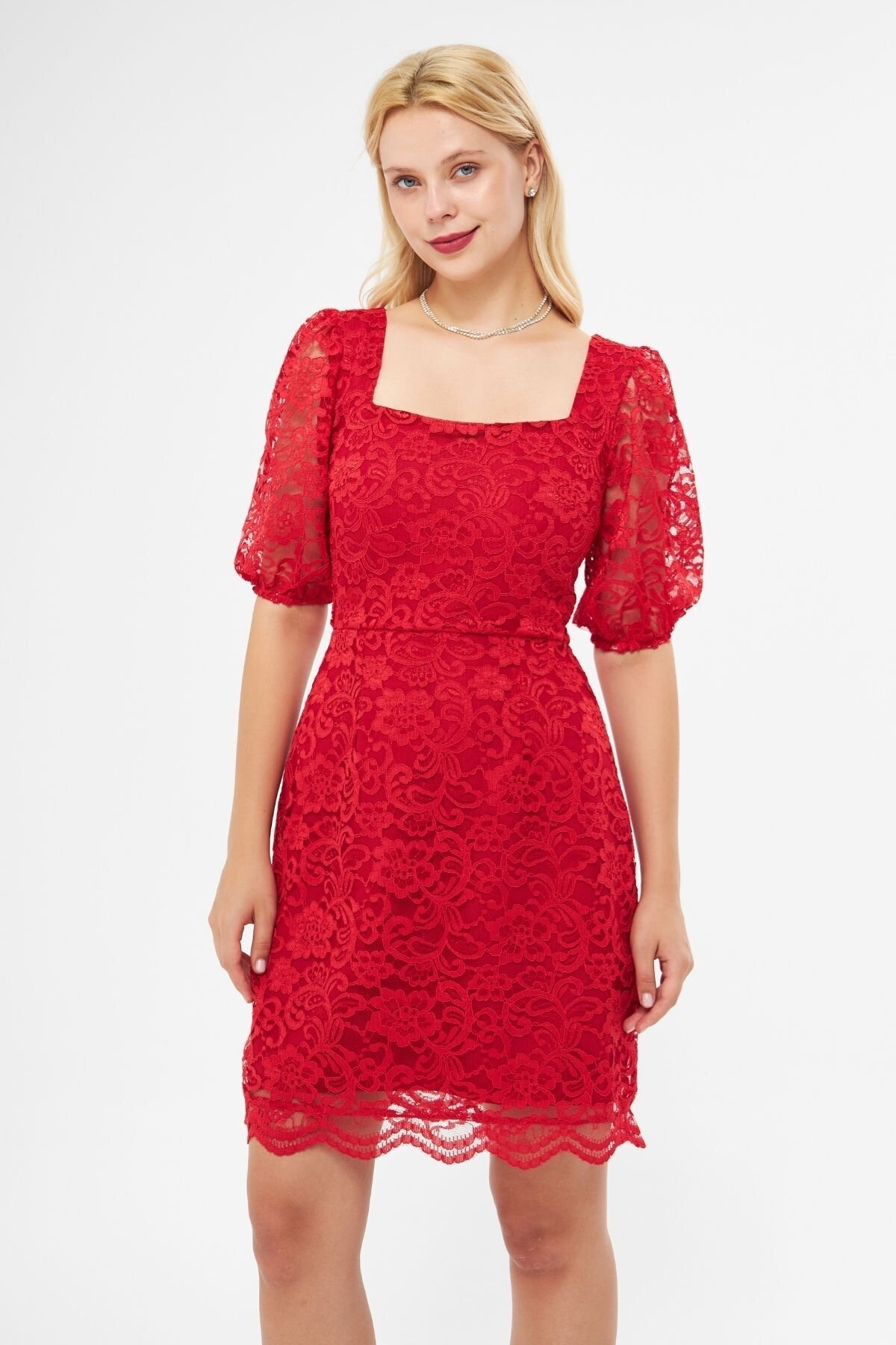 Kırmızı Mini Fransız Dantel Balon Kol Kare Yaka Abiye Elbise - Bidoluelbise