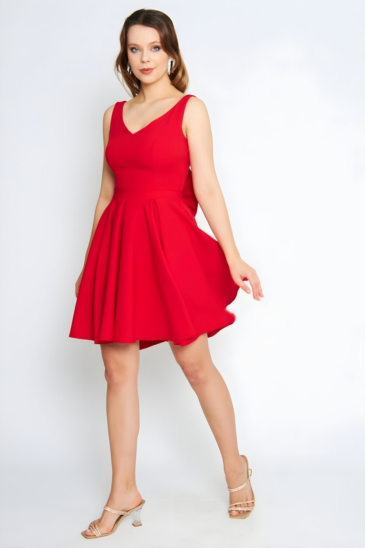 Mini Flared Pleated V-Neck Evening Dress - Red - Bidoluelbise
